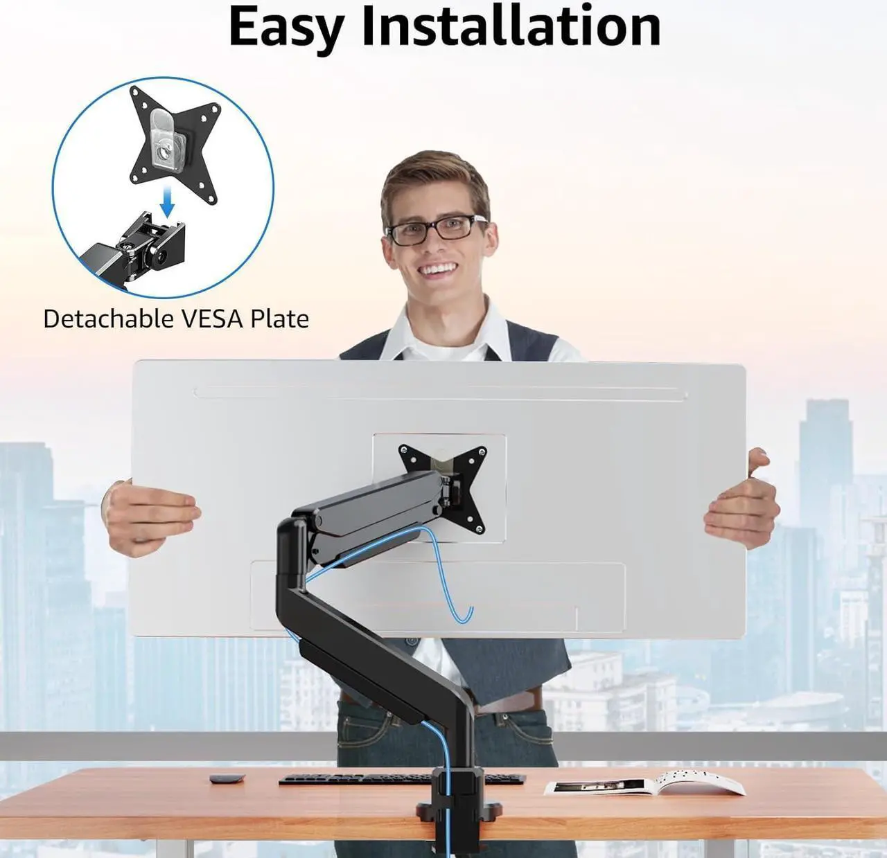 Alt view image 7 of 7 - Single Monitor Mount fits 17''-43'' Ultrawide Screen, Holds 6.6-33lbs, Computer Monitor Arm Desk Mount, Heavy Duty Gas Spring Monitor Stand for Flat/Curved Screen, with C-clamp/Grommet Base