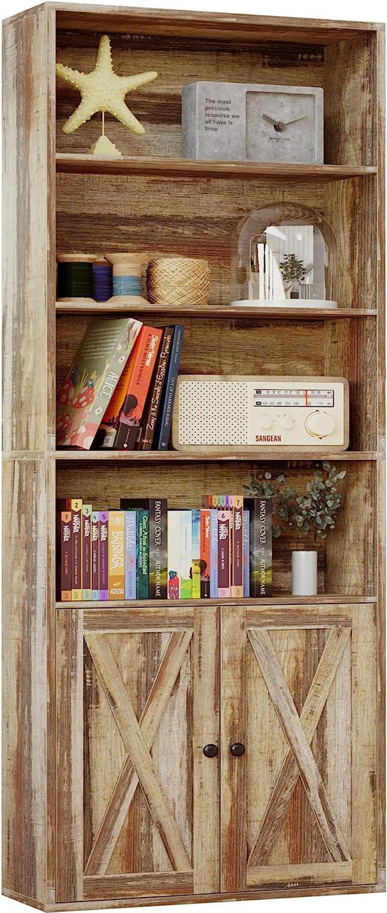 Main image of Industrial Bookshelves and Bookcases with Doors Floor Standing 6 Shelf Display Storage Shelves 70 in Tall Bookcase Home Decor Furniture for Home Office, Living Room