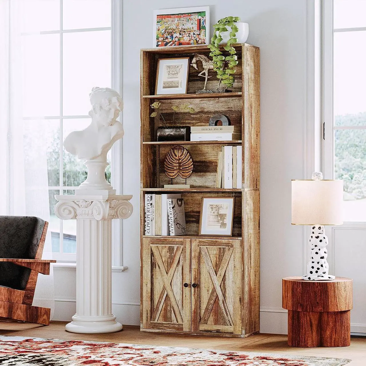 Alt view image 2 of 7 - Industrial Bookshelves and Bookcases with Doors Floor Standing 6 Shelf Display Storage Shelves 70 in Tall Bookcase Home Decor Furniture for Home Office, Living Room