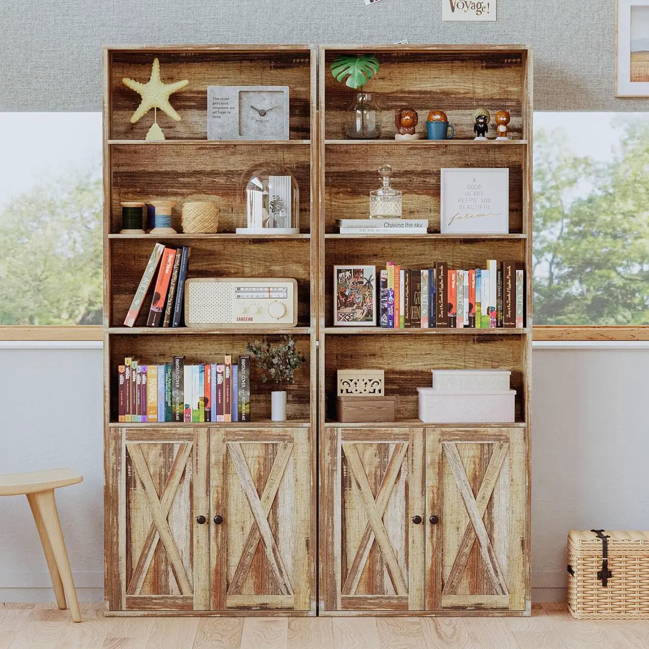 Alt view image 4 of 7 - Industrial Bookshelves and Bookcases with Doors Floor Standing 6 Shelf Display Storage Shelves 70 in Tall Bookcase Home Decor Furniture for Home Office, Living Room