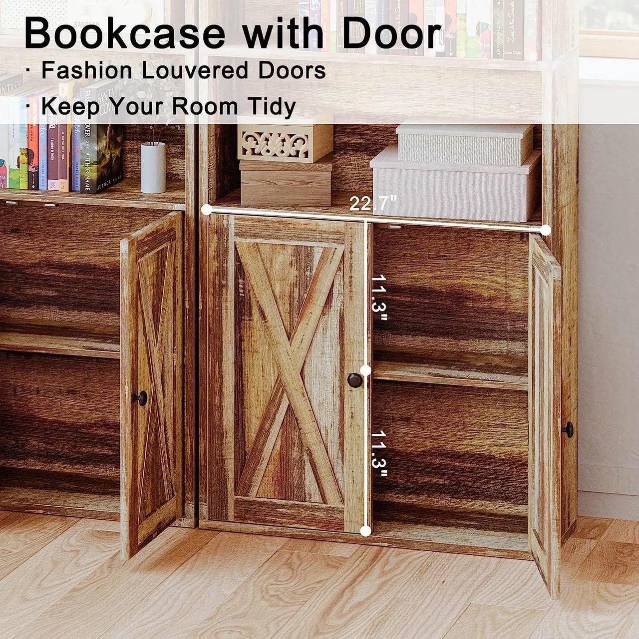 Alt view image 5 of 7 - Industrial Bookshelves and Bookcases with Doors Floor Standing 6 Shelf Display Storage Shelves 70 in Tall Bookcase Home Decor Furniture for Home Office, Living Room