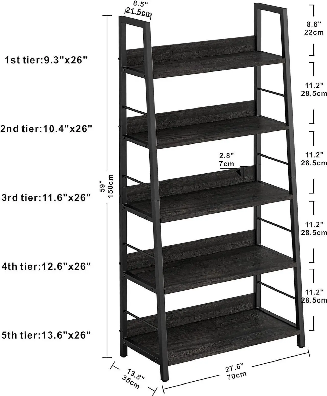 Alt view image 3 of 5 - Industrial Bookshelves and Bookcases, Ladder Shelf 5 Tier with Metal Frame for Living Room, Home Office, Charcoal Grey