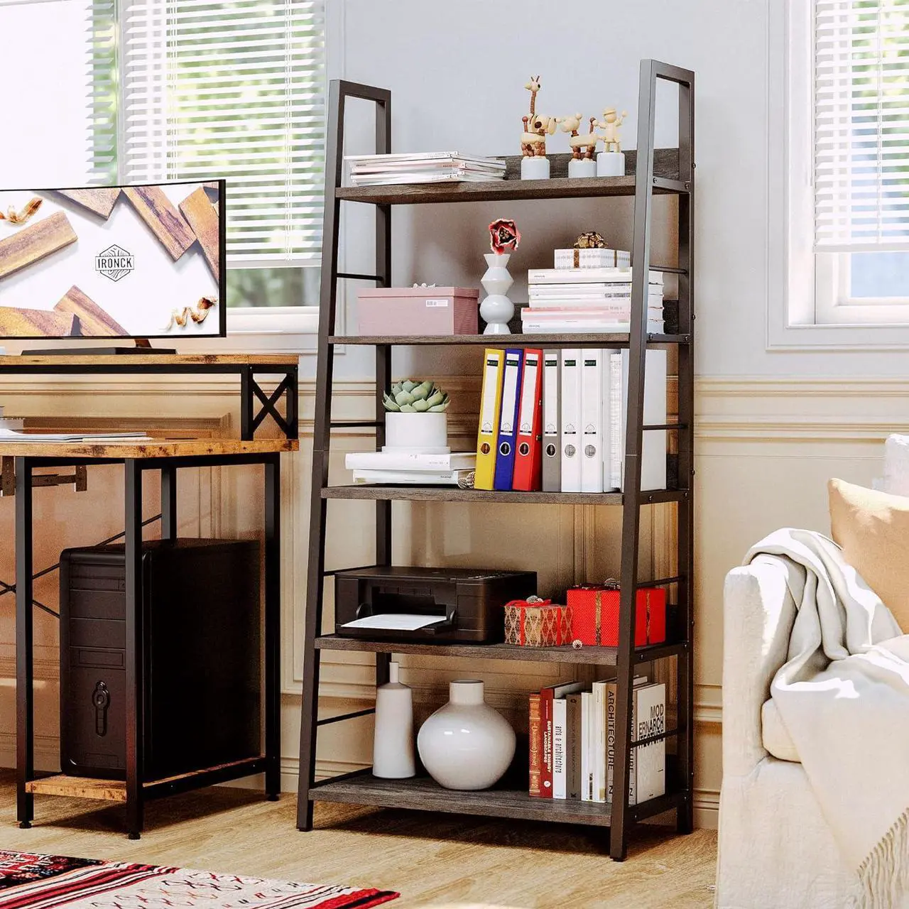 Alt view image 2 of 5 - Industrial Bookshelves and Bookcases, Ladder Shelf 5 Tier with Metal Frame for Living Room, Home Office, Charcoal Grey