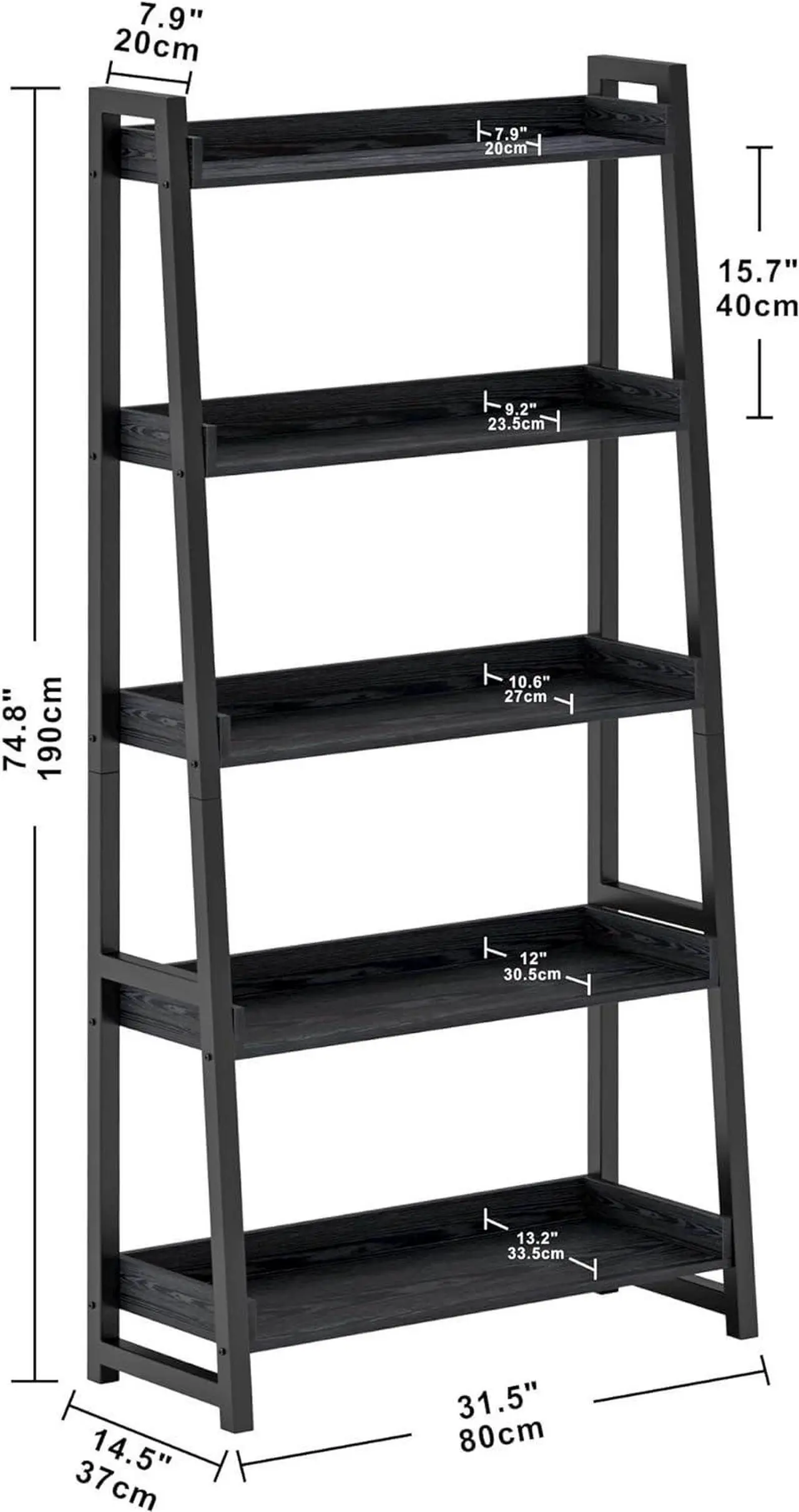 Alt view image 3 of 7 - Industrial Bookshelf 5-Tier 31.5in Wide, Bookcase Ladder Shelf, Storage Shelves Rack Shelf Unit, Accent Furniture Metal Frame, Home Office Furniture for Bathroom, Living Room