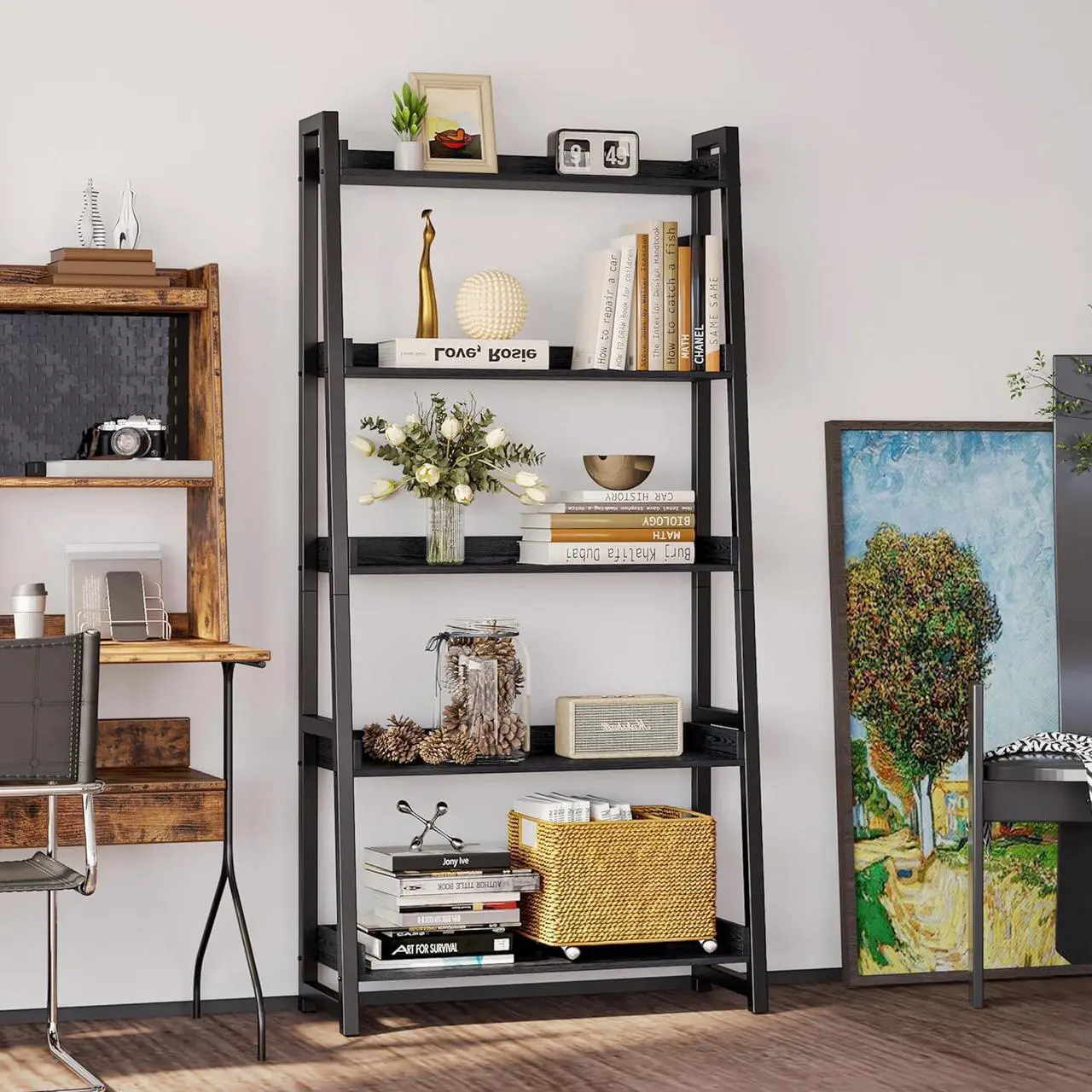 Alt view image 7 of 7 - Industrial Bookshelf 5-Tier 31.5in Wide, Bookcase Ladder Shelf, Storage Shelves Rack Shelf Unit, Accent Furniture Metal Frame, Home Office Furniture for Bathroom, Living Room