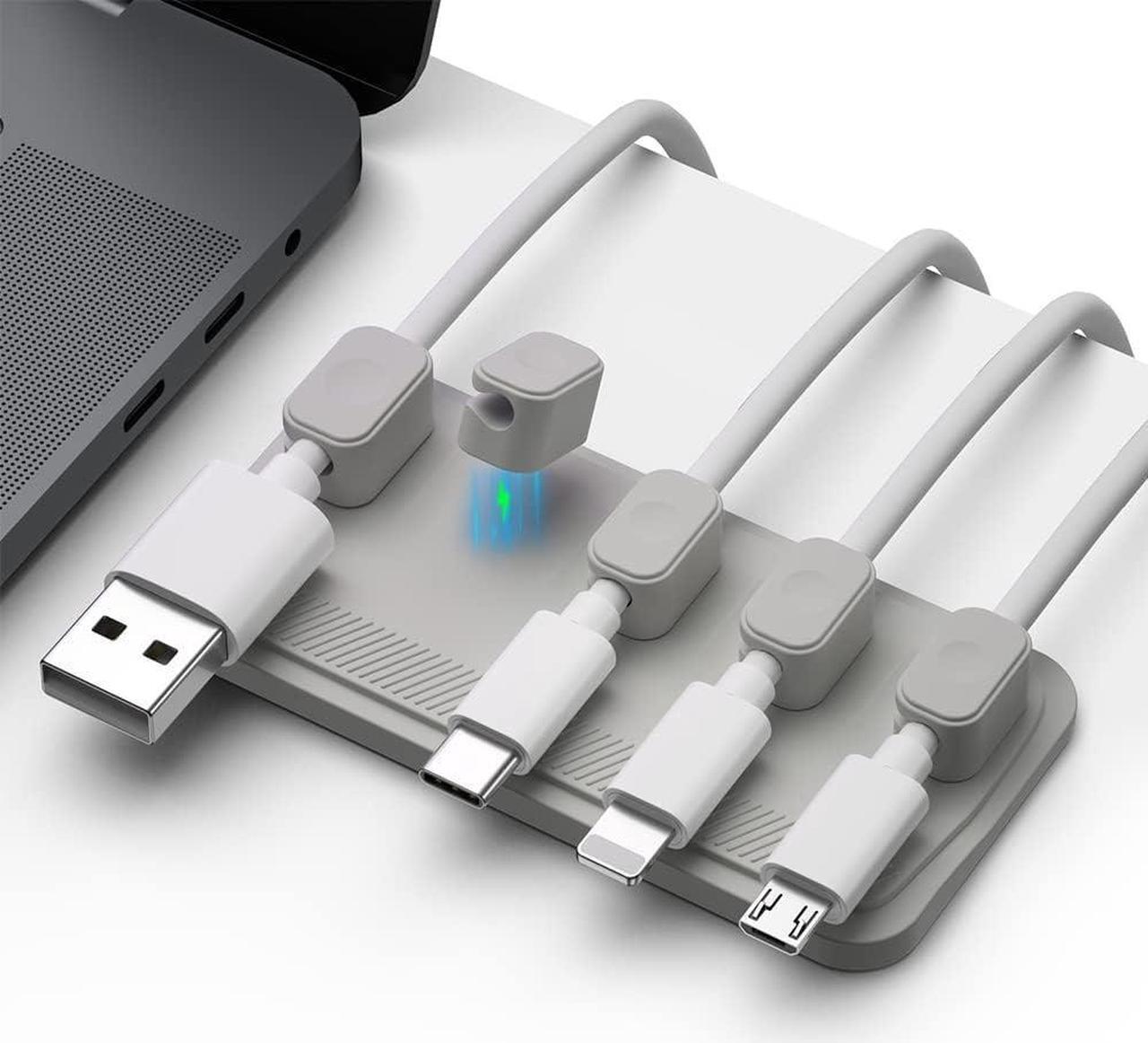 Main image of Magnetic Cable Management, Cable Holder for Desktop Multipurpose Cord Keeper, 5 Clips(OD 3.0-4.2mm) for Lightning, USB-C, Micro Cable, Other Wires, Sticks to Wood, Marble, Metal, Glass (Gray)