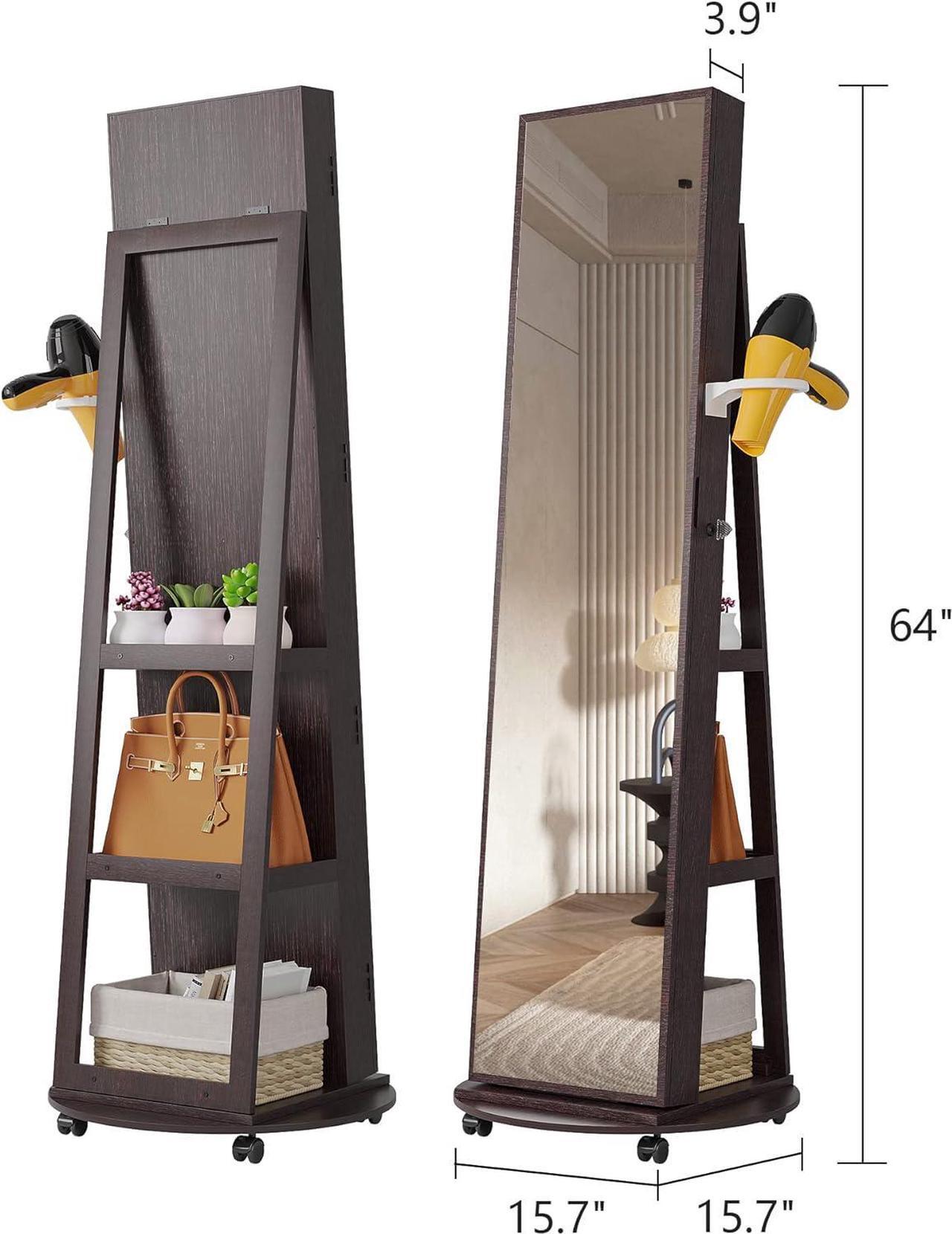 Alt view image 5 of 7 - 360° Swivel Jewelry Armoire with Mirror, LED Mirror Jewelry Cabinet Standing, Full Length Mirror with Jewelry Storage, Standing Jewelry Organizer/Lockable Wheels/Foldable Makeup Shelf Brown