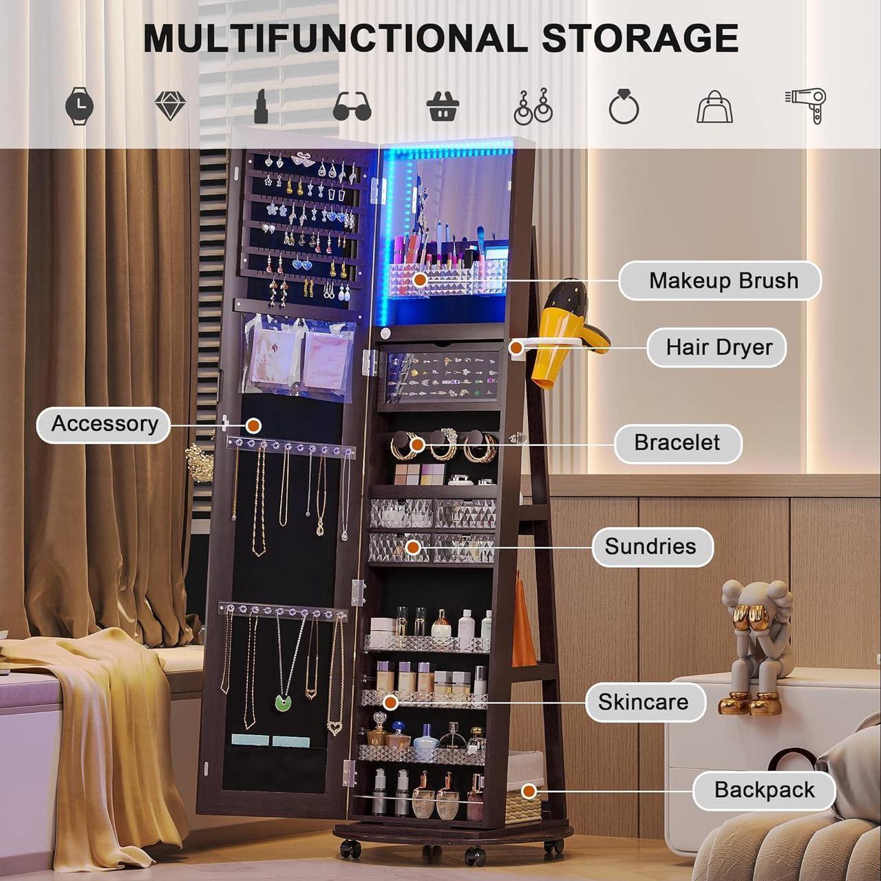 Alt view image 2 of 7 - 360° Swivel Jewelry Armoire with Mirror, LED Mirror Jewelry Cabinet Standing, Full Length Mirror with Jewelry Storage, Standing Jewelry Organizer/Lockable Wheels/Foldable Makeup Shelf Brown