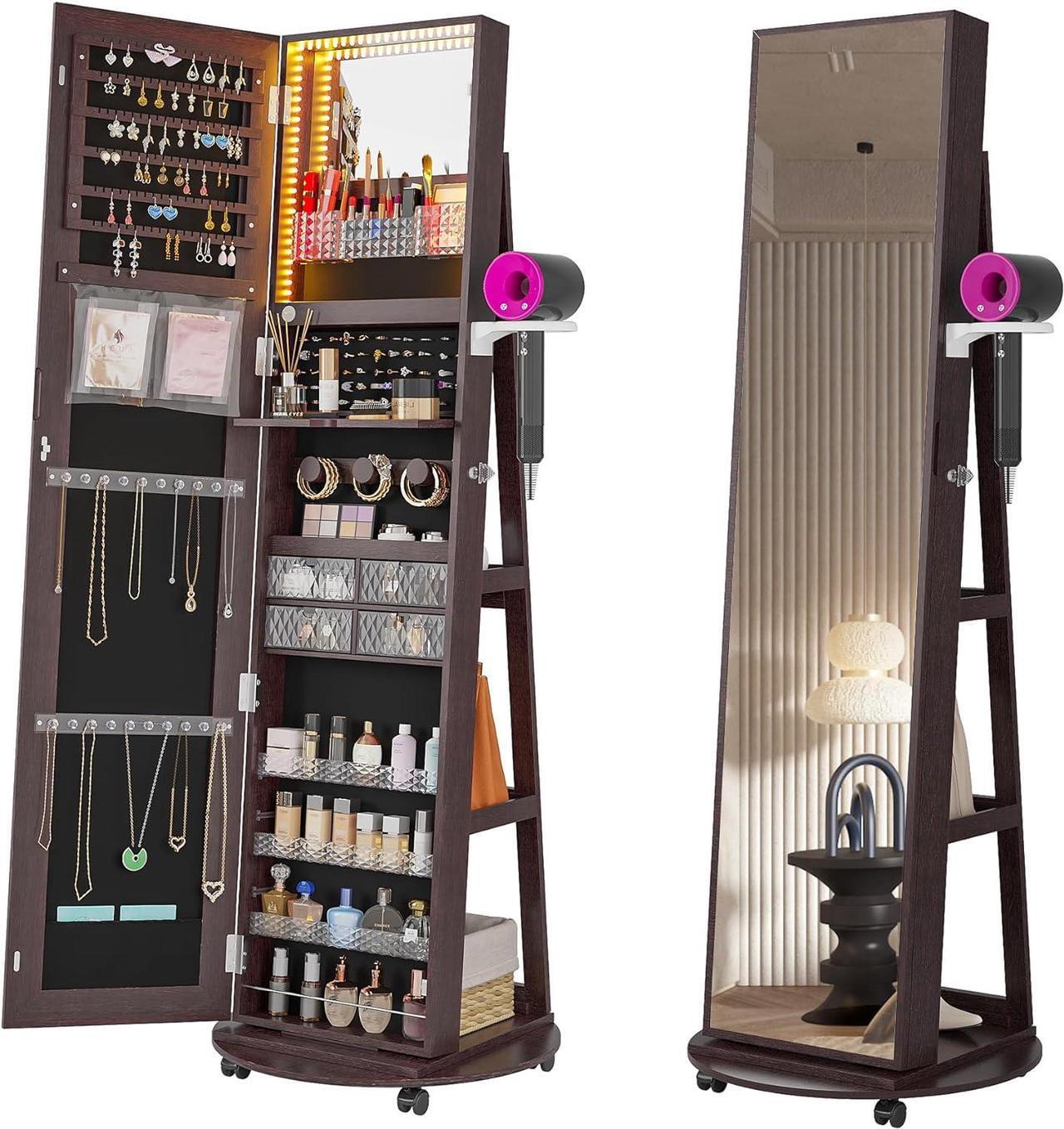 Main image of 360° Swivel Jewelry Armoire with Mirror, LED Mirror Jewelry Cabinet Standing, Full Length Mirror with Jewelry Storage, Standing Jewelry Organizer/Lockable Wheels/Foldable Makeup Shelf Brown
