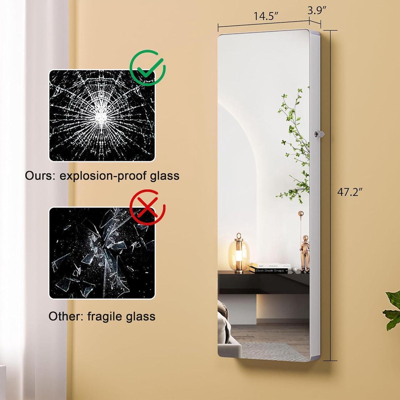 Alt view image 2 of 7 - LED Mirror Jewelry Cabinet,47.2" Wall Mounted Jewelry Organizer with Full-Length Mirror,Over The Door Hanging Jewelry Armoire Storage Cabinet,Folding Dresser,2 Drawers,Lockable, 3 Shelves(White)