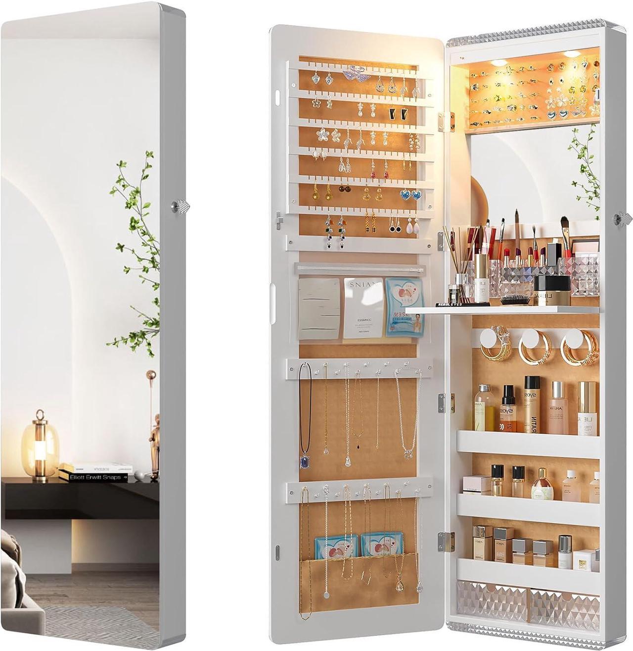 Main image of LED Mirror Jewelry Cabinet,47.2" Wall Mounted Jewelry Organizer with Full-Length Mirror,Over The Door Hanging Jewelry Armoire Storage Cabinet,Folding Dresser,2 Drawers,Lockable, 3 Shelves(White)