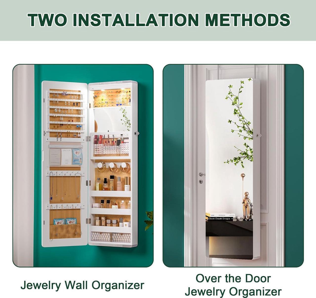 Alt view image 5 of 7 - LED Mirror Jewelry Cabinet,47.2" Wall Mounted Jewelry Organizer with Full-Length Mirror,Over The Door Hanging Jewelry Armoire Storage Cabinet,Folding Dresser,2 Drawers,Lockable, 3 Shelves(White)