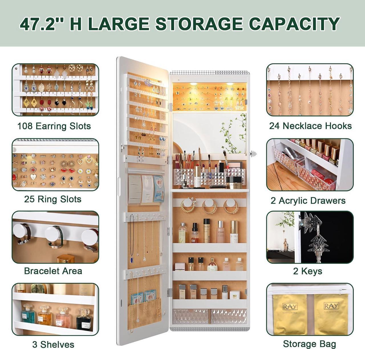 Alt view image 3 of 7 - LED Mirror Jewelry Cabinet,47.2" Wall Mounted Jewelry Organizer with Full-Length Mirror,Over The Door Hanging Jewelry Armoire Storage Cabinet,Folding Dresser,2 Drawers,Lockable, 3 Shelves(White)