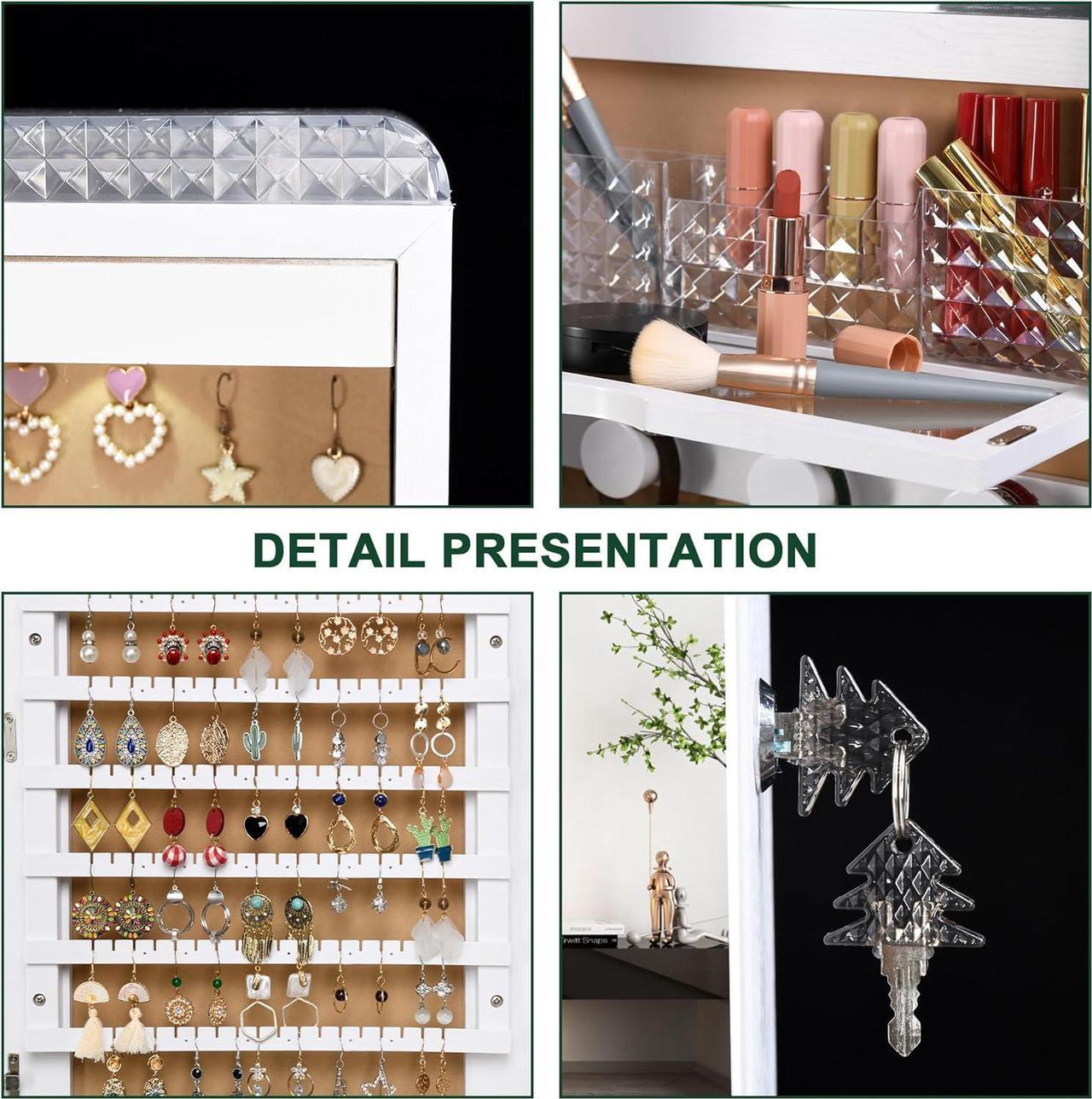 Alt view image 7 of 7 - LED Mirror Jewelry Cabinet,47.2" Wall Mounted Jewelry Organizer with Full-Length Mirror,Over The Door Hanging Jewelry Armoire Storage Cabinet,Folding Dresser,2 Drawers,Lockable, 3 Shelves(White)