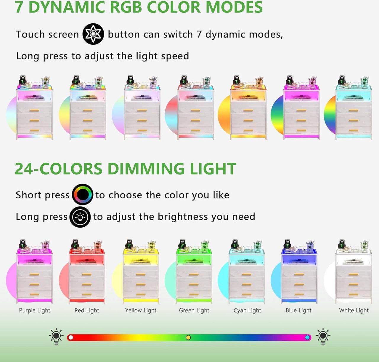 Alt view image 5 of 7 - Smart RGB Nightstand with Charging Station, LED Night Stand with Human Sensor, Modern Bedside Table with Glass Tabletop White