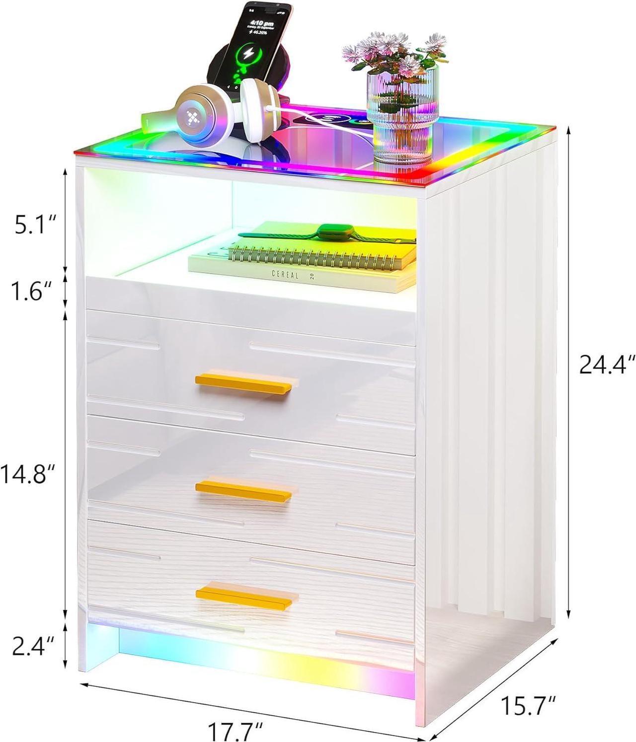 Alt view image 2 of 7 - Smart RGB Nightstand with Charging Station, LED Night Stand with Human Sensor, Modern Bedside Table with Glass Tabletop White