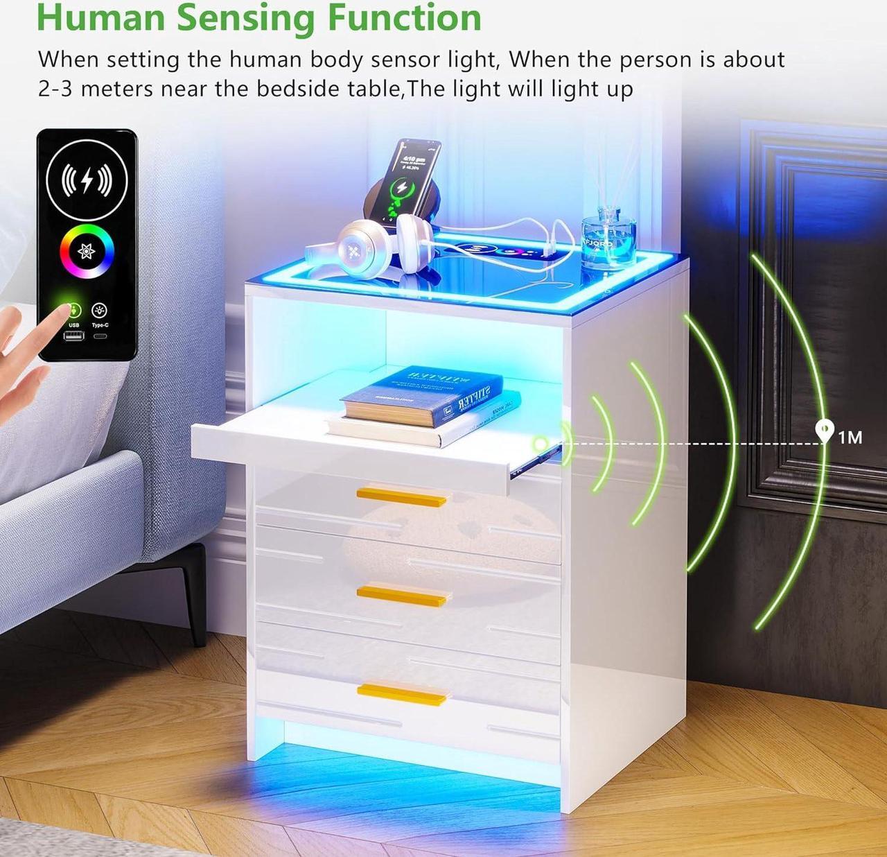 Alt view image 4 of 7 - Smart RGB Nightstand with Charging Station, LED Night Stand with Human Sensor, Modern Bedside Table with Glass Tabletop White