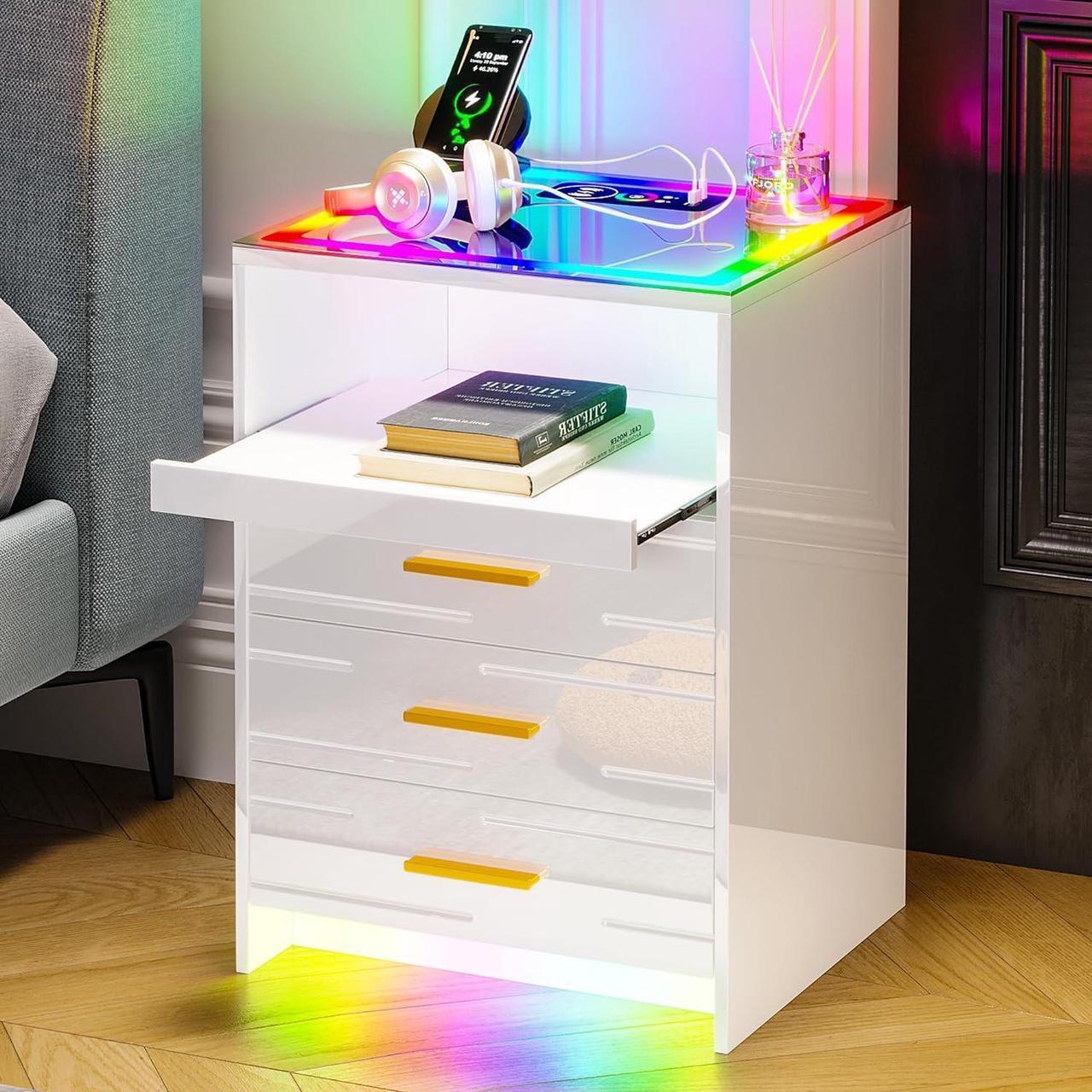 Main image of Smart RGB Nightstand with Charging Station, LED Night Stand with Human Sensor, Modern Bedside Table with Glass Tabletop White