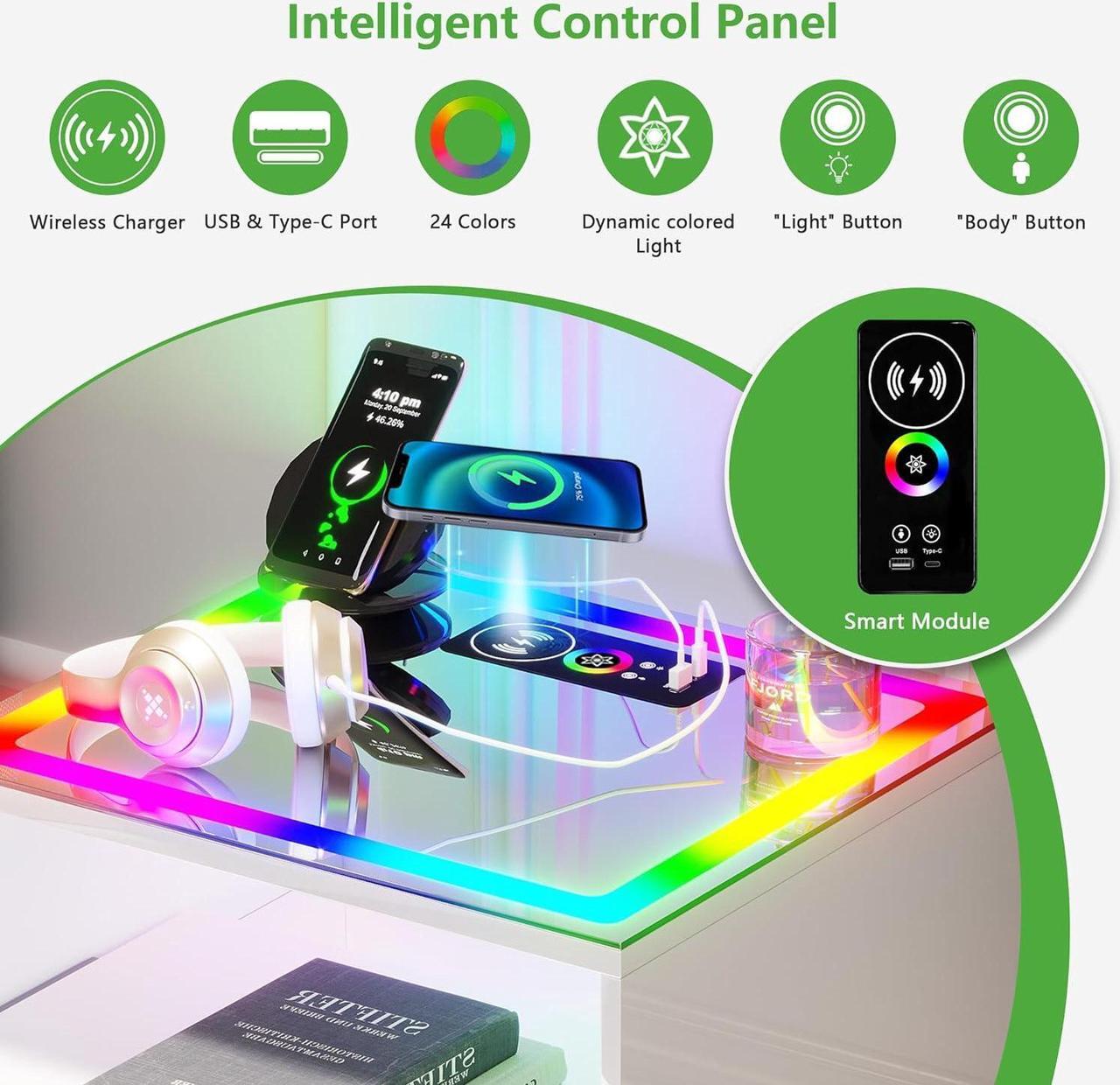 Alt view image 3 of 7 - Smart RGB Nightstand with Charging Station, LED Night Stand with Human Sensor, Modern Bedside Table with Glass Tabletop White