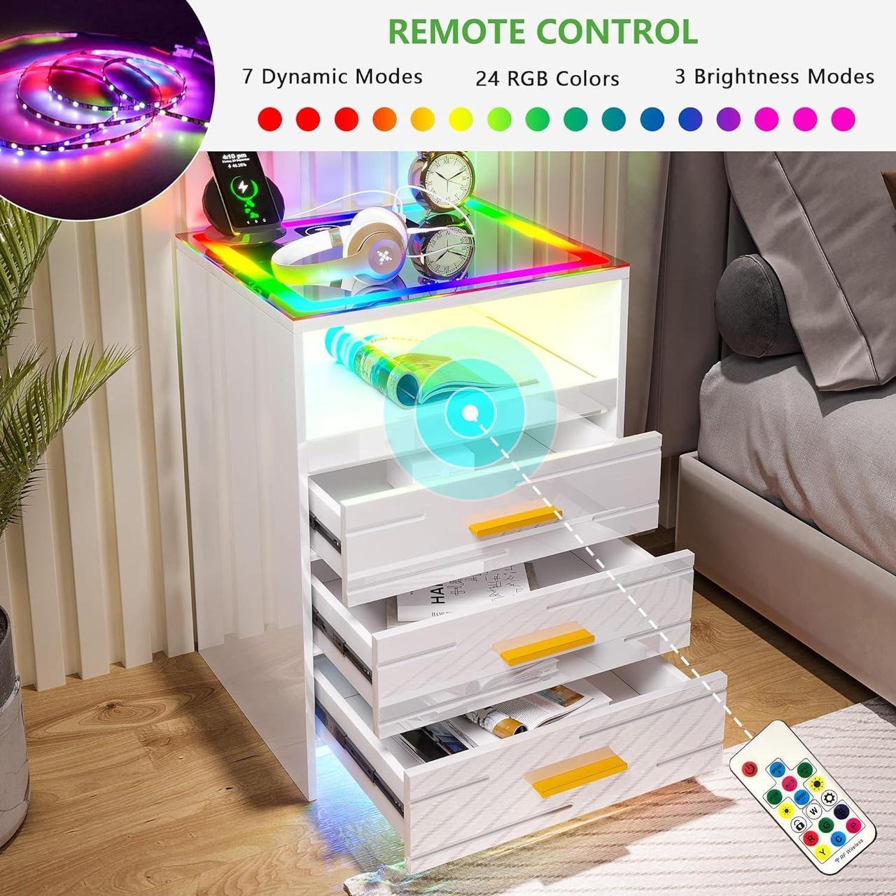 Alt view image 6 of 7 - Smart RGB Nightstand with Charging Station, LED Night Stand with Human Sensor, Modern Bedside Table with Glass Tabletop White