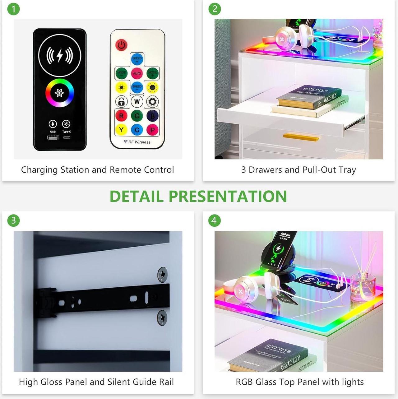Alt view image 7 of 7 - Smart RGB Nightstand with Charging Station, LED Night Stand with Human Sensor, Modern Bedside Table with Glass Tabletop White