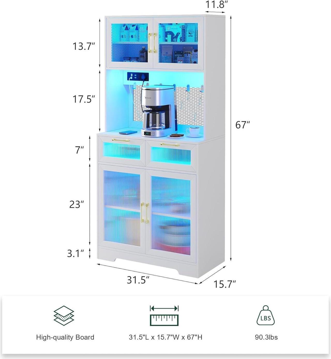 Alt view image 2 of 7 - 67" Modern LED Sideboard Buffet Cabinet with Power Outlet, Kitchen Pantry Cabinet with Sensor Light & USB Ports,Buffet Cabinet with Storage, Coffee Bar Cabinet for Living,Dining Room White