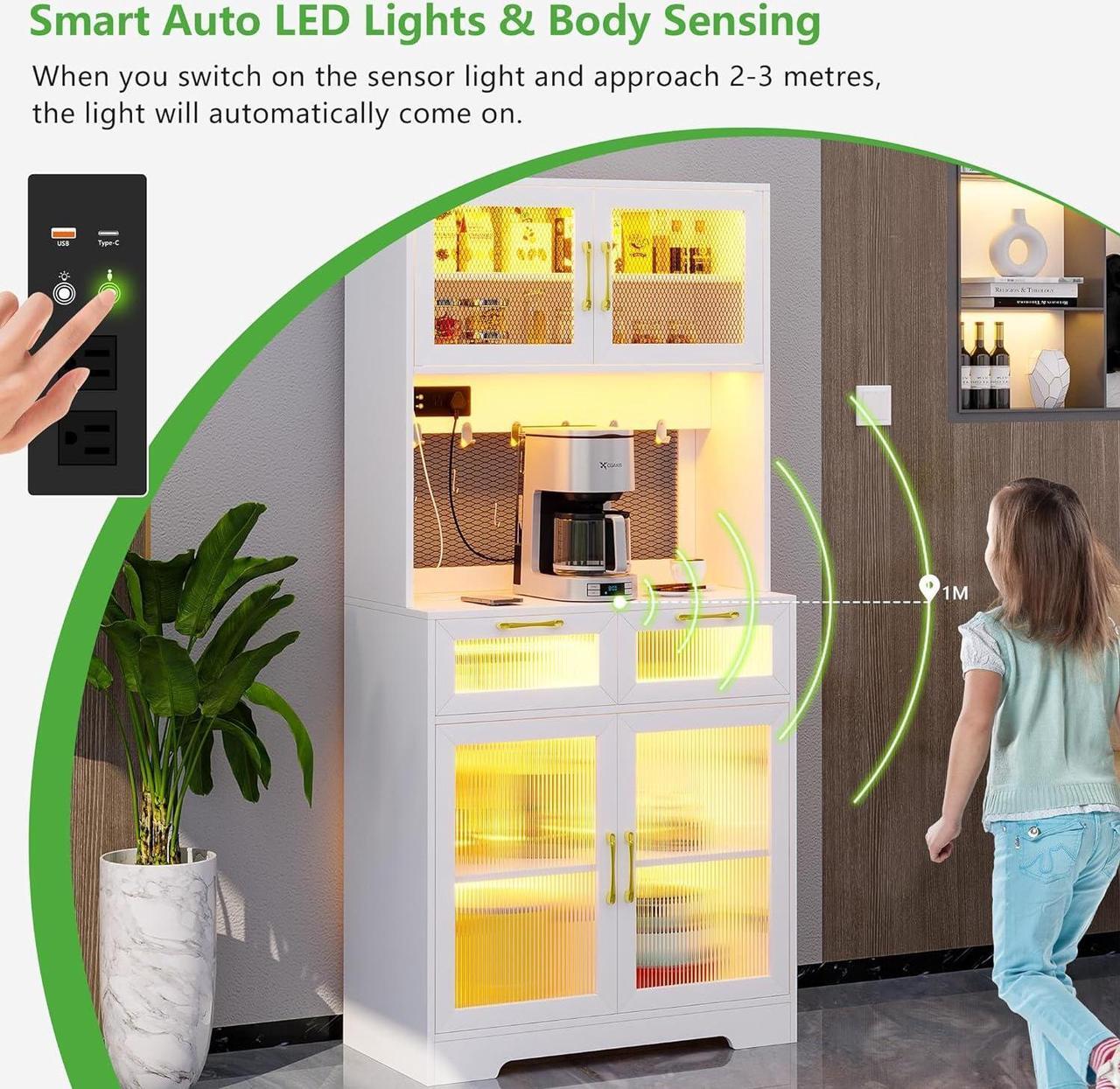 Alt view image 4 of 7 - 67" Modern LED Sideboard Buffet Cabinet with Power Outlet, Kitchen Pantry Cabinet with Sensor Light & USB Ports,Buffet Cabinet with Storage, Coffee Bar Cabinet for Living,Dining Room White
