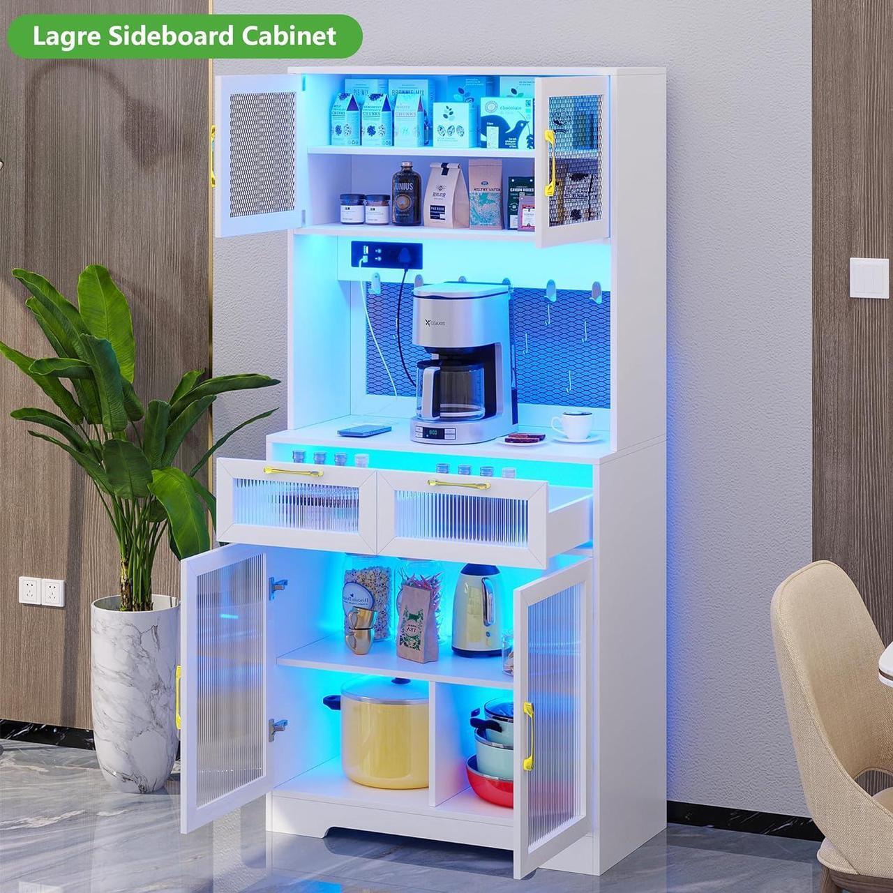 Alt view image 7 of 7 - 67" Modern LED Sideboard Buffet Cabinet with Power Outlet, Kitchen Pantry Cabinet with Sensor Light & USB Ports,Buffet Cabinet with Storage, Coffee Bar Cabinet for Living,Dining Room White