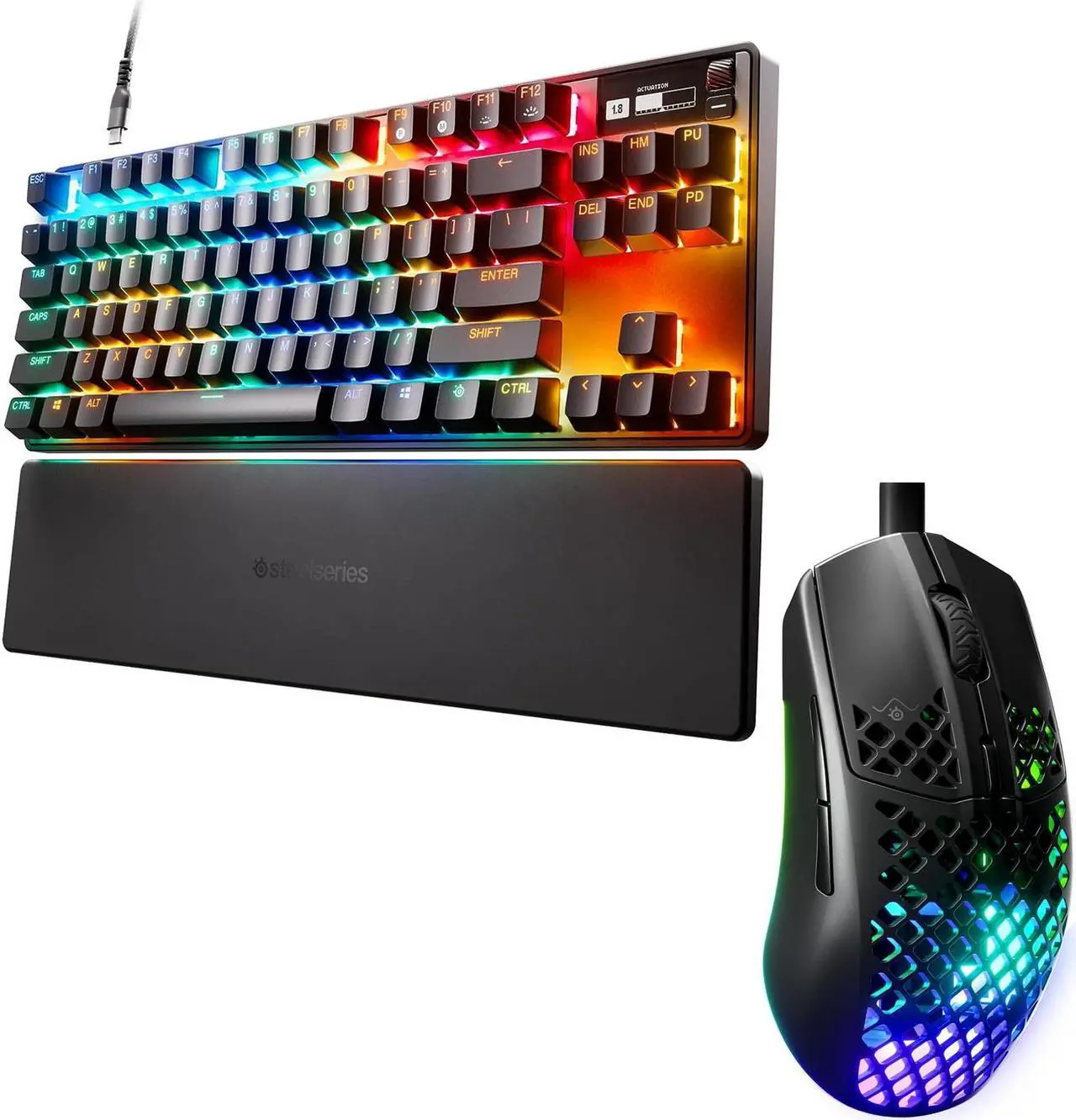 Main image of SteelSeries Gaming Keyboard Mouse Set - Apex Pro TKL Wired Keyboard, Esports Tenkeyless ,OLED Screen ,Adjustable Actuation, PBT Keycaps w/ Aerox 3 - Holey RGB Gaming Mouse Ultra-lightweigh 8,500 DPI