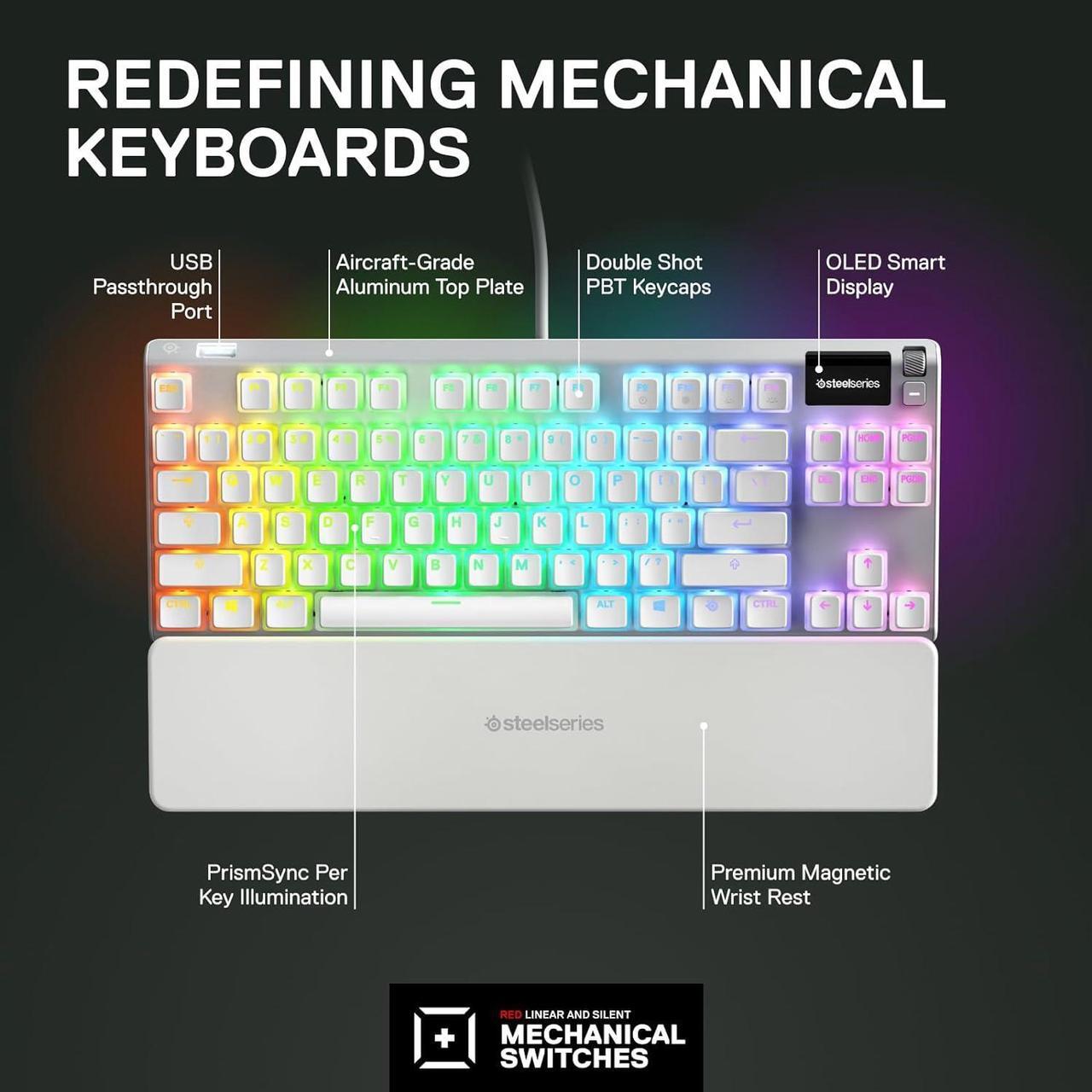 Alt view image 3 of 7 - SteelSeries Apex 7 TKL Compact Mechanical Gaming Keyboard  OLED Smart Display  USB Passthrough and Media Controls  Linear and Quiet  RGB Backlit (Red Switch) - Ghost