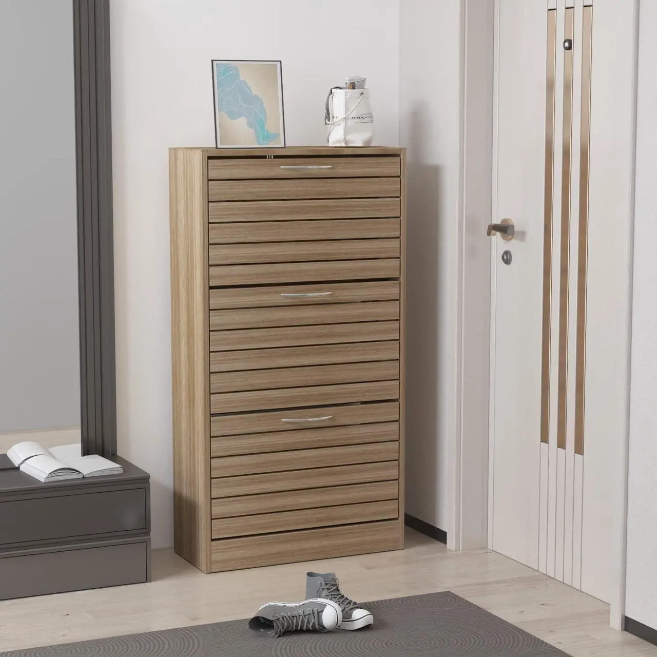 Alt view image 3 of 7 - 3-Drawer Shoe Storage Cabinet with Louver Doors, 3-Tier Wood Shoe Rack Storage Organizer for Entryway,  (22.4L x 9.4W x 42.3H)