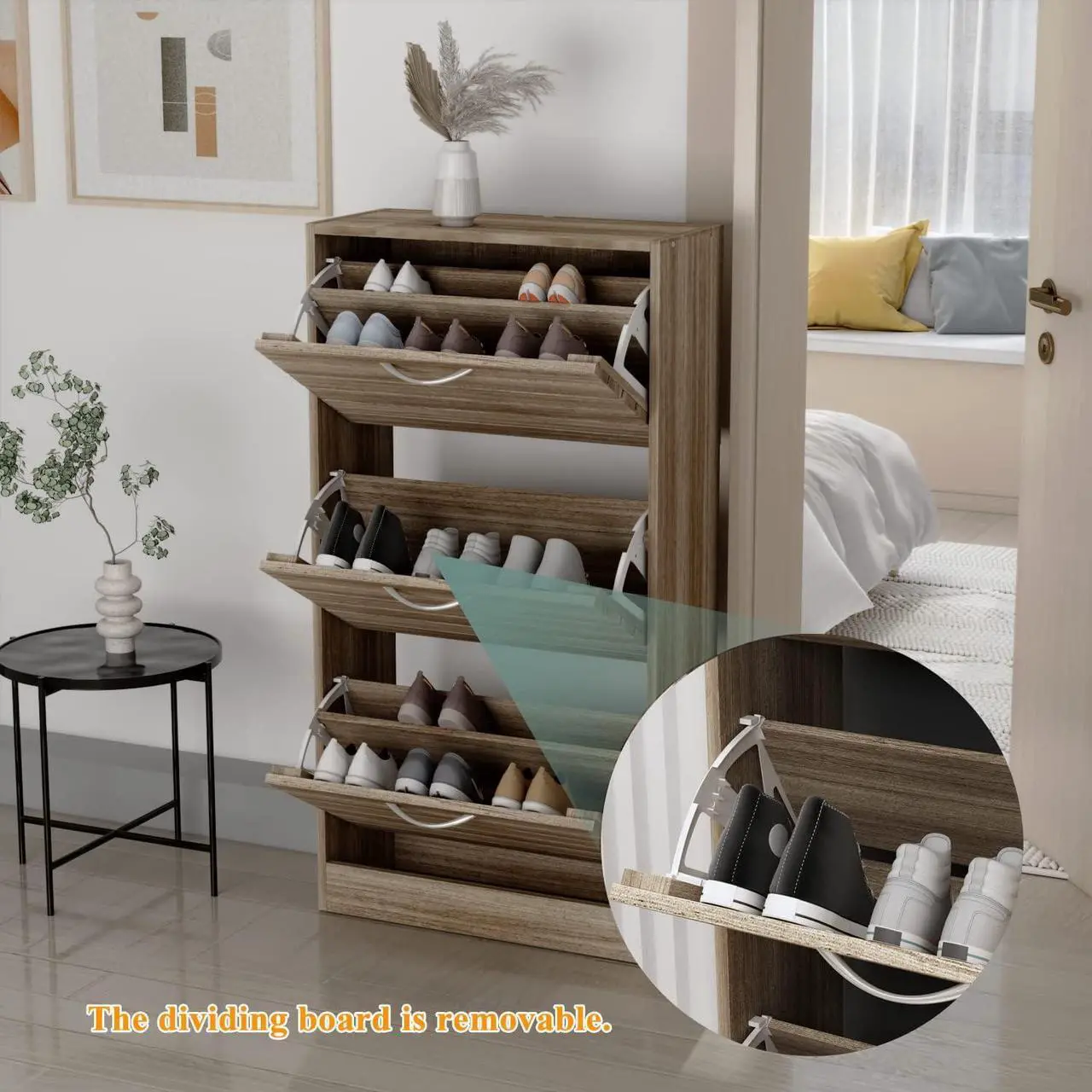Alt view image 4 of 7 - 3-Drawer Shoe Storage Cabinet with Louver Doors, 3-Tier Wood Shoe Rack Storage Organizer for Entryway,  (22.4L x 9.4W x 42.3H)
