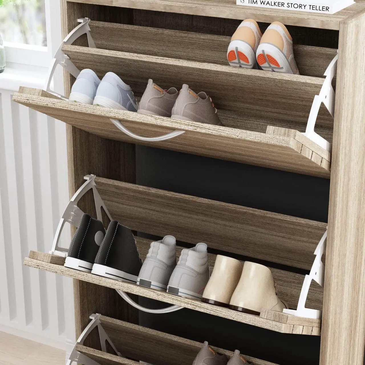 Alt view image 7 of 7 - 3-Drawer Shoe Storage Cabinet with Louver Doors, 3-Tier Wood Shoe Rack Storage Organizer for Entryway,  (22.4L x 9.4W x 42.3H)