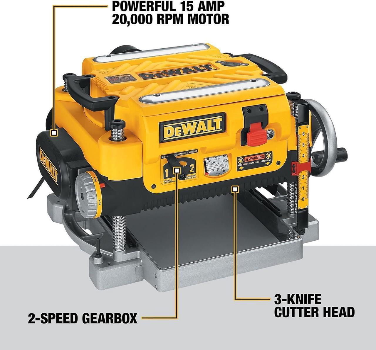 Alt view image 3 of 7 - DEWALT Thickness Planer, Two Speed, 13-inch, 15 Amp, 20,000 RPM Motor w/Feed Tables & Extra Blades