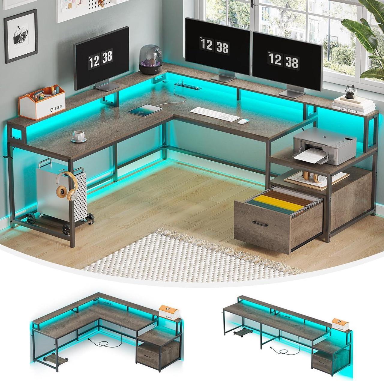 Main image of L Shaped Desk, 66" Home Office Desk with File Drawer and Power Outlet, Gaming Desk with Led Lights, Corner Computer Desk with Monitor Shelf, Printer Storage Shelves, Two Person Desk, Walnut