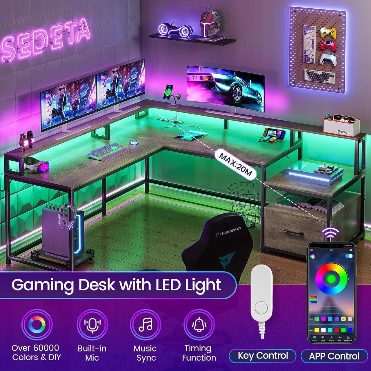 Alt view image 7 of 7 - L Shaped Desk, 66" Home Office Desk with File Drawer and Power Outlet, Gaming Desk with Led Lights, Corner Computer Desk with Monitor Shelf, Printer Storage Shelves, Two Person Desk, Walnut