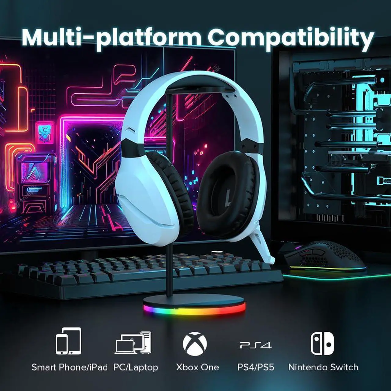 Alt view image 6 of 7 - Wireless Gaming Headset with Noise Canceling Microphone for PS5, PC, PS4, 2.4G/Bluetooth Gaming Headphones with USB and Type-c Connector, 3.5mm Wired for Controller - White