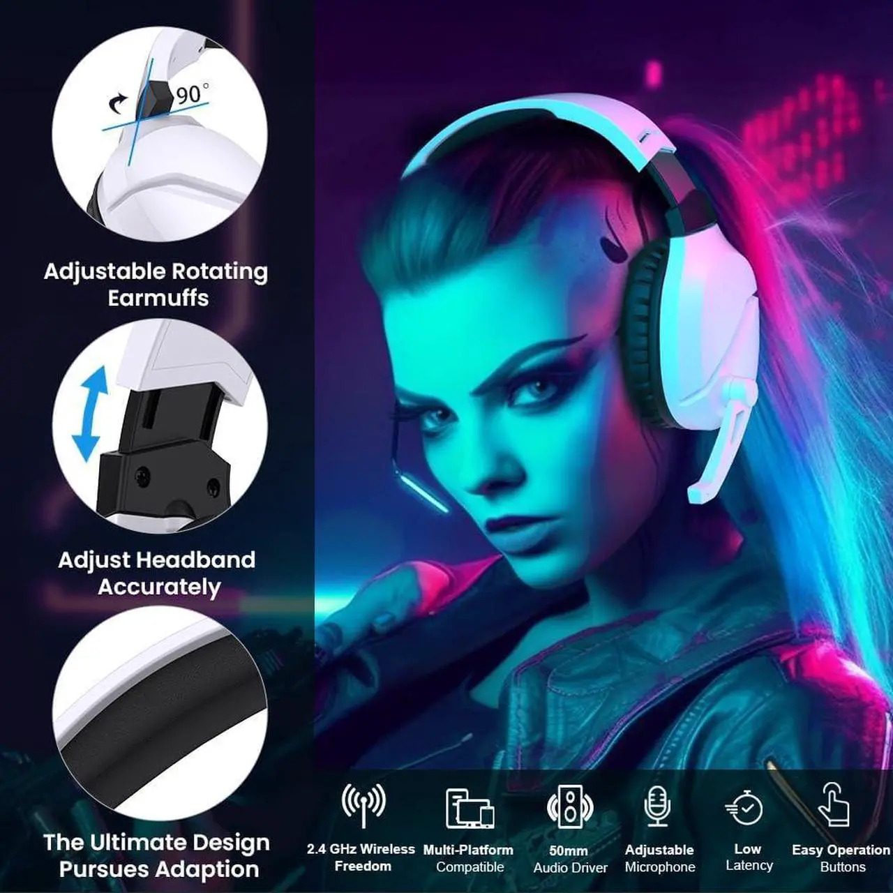 Alt view image 4 of 7 - Wireless Gaming Headset with Noise Canceling Microphone for PS5, PC, PS4, 2.4G/Bluetooth Gaming Headphones with USB and Type-c Connector, 3.5mm Wired for Controller - White