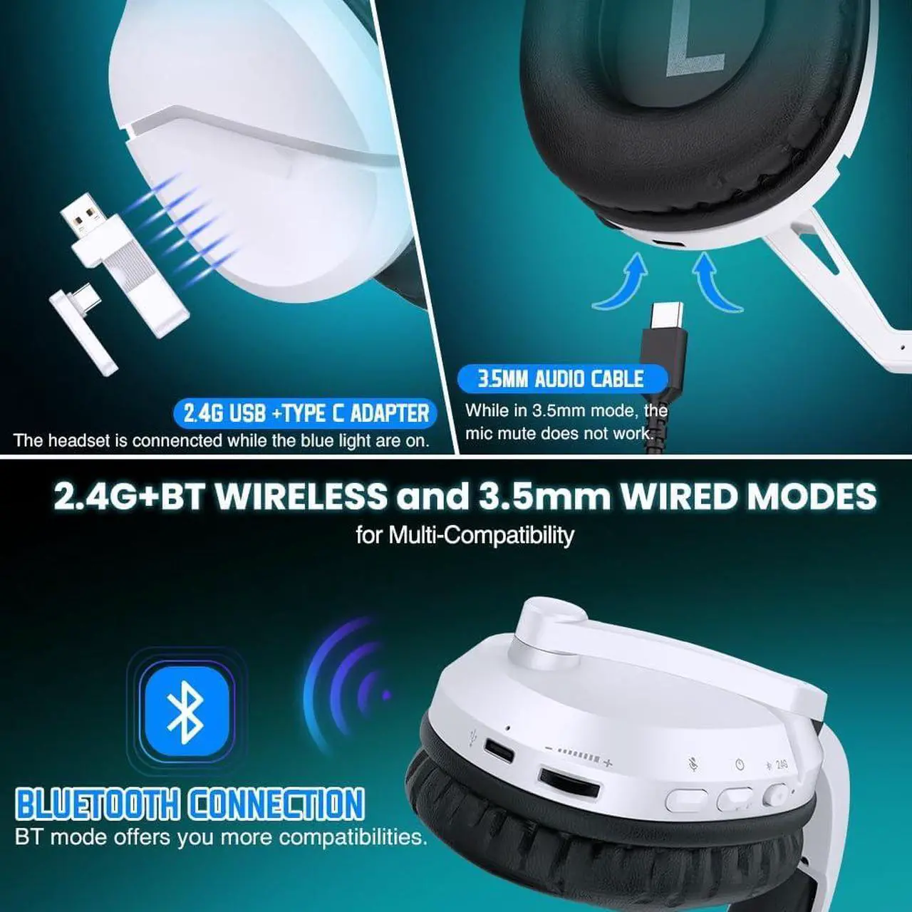 Alt view image 2 of 7 - Wireless Gaming Headset with Noise Canceling Microphone for PS5, PC, PS4, 2.4G/Bluetooth Gaming Headphones with USB and Type-c Connector, 3.5mm Wired for Controller - White