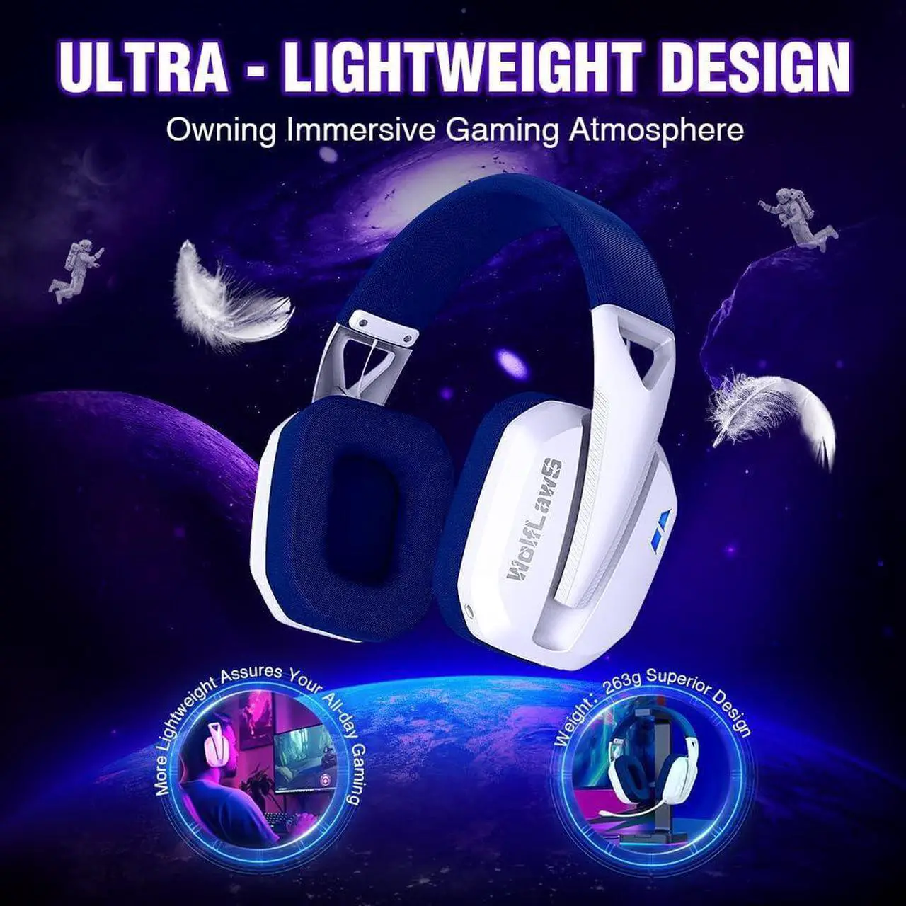 Alt view image 3 of 7 - Wireless Gaming Headset for PS5, PS4, PC, Mac, Switch, Bluetooth Over-Ear Headphones with Detachable and Built-in Mics, Low Latency, Lightweight, Noise Isolation, 48H Battery