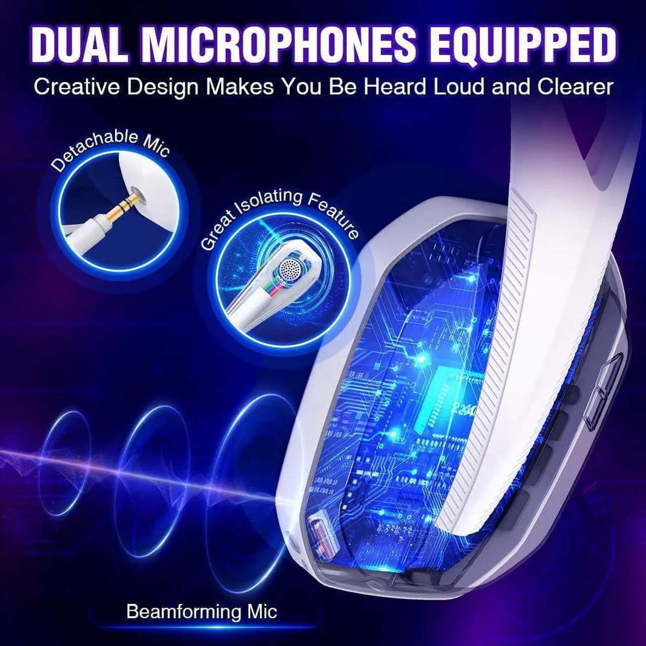 Alt view image 4 of 7 - Wireless Gaming Headset for PS5, PS4, PC, Mac, Switch, Bluetooth Over-Ear Headphones with Detachable and Built-in Mics, Low Latency, Lightweight, Noise Isolation, 48H Battery