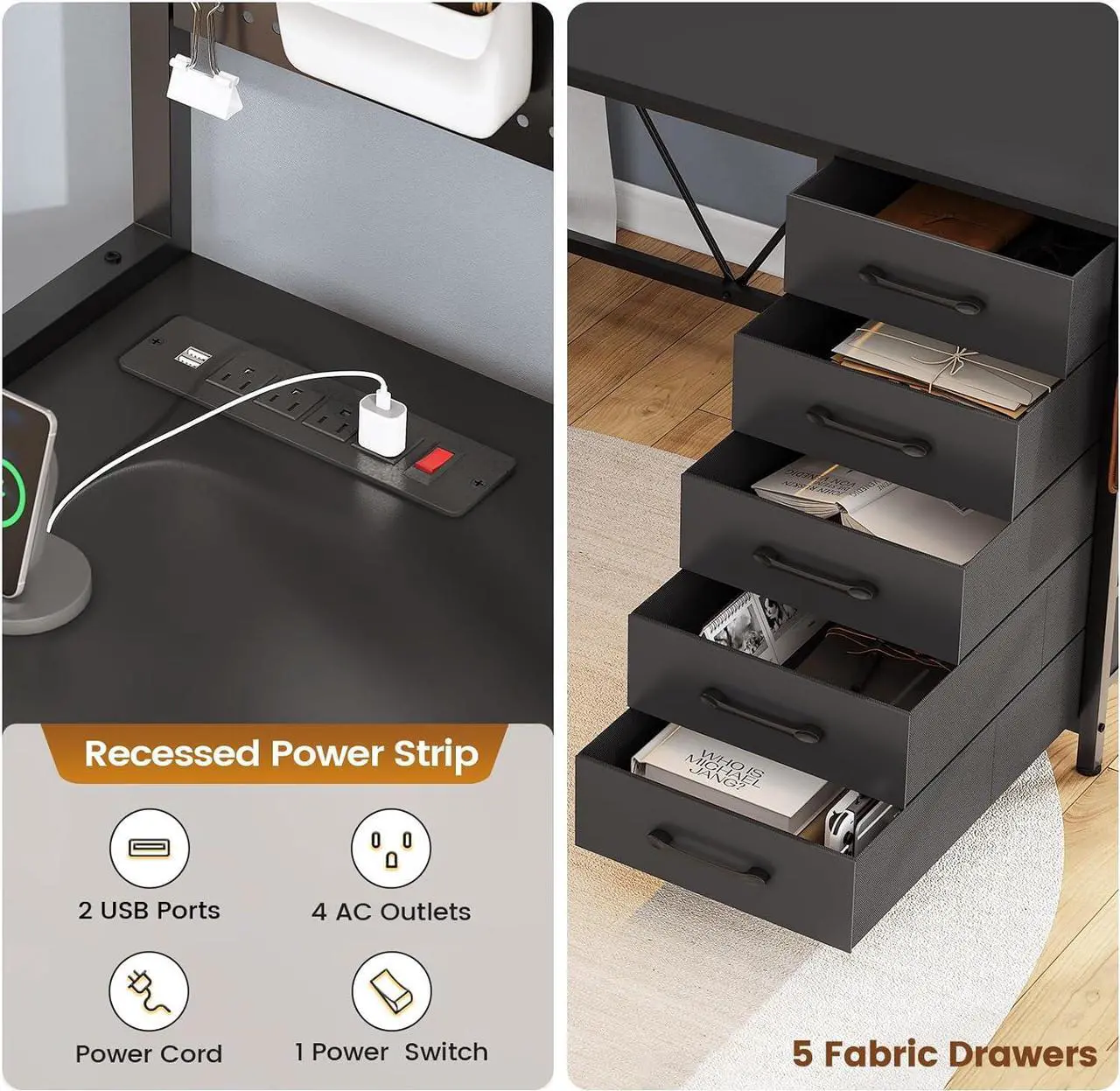 Alt view image 4 of 7 - L Shaped Gaming Desk with Drawers, L Shaped Computer Desk with Hutch and Storage Shelves, Gaming Desk with Pegboard, Led Lights, and Power Outlet, Home Office Desk, Corner Desk, Black