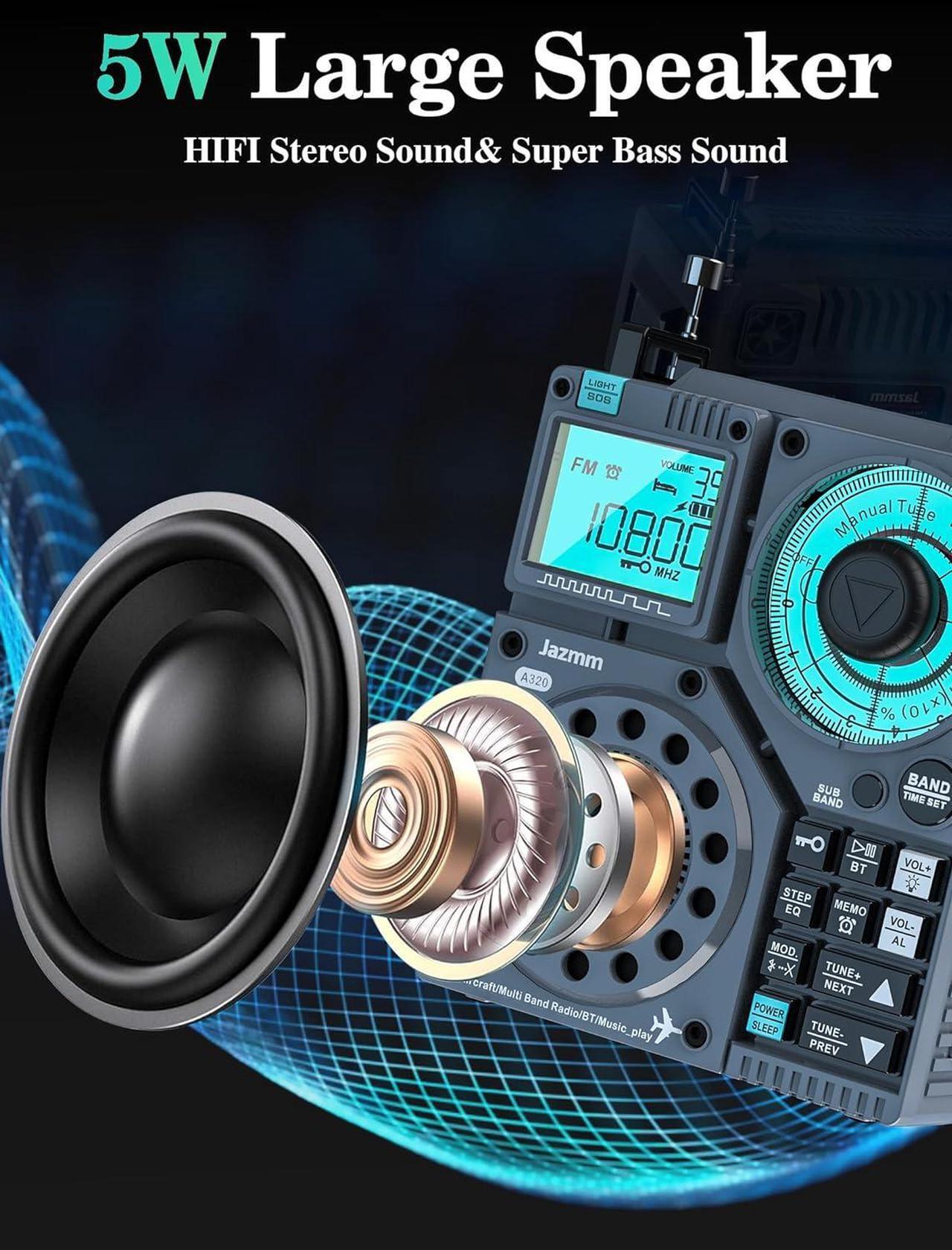 Alt view image 6 of 7 - Portable Shortwave Radio with 5W Bass Sound, AIR/AM/FM/VHF/SW/WB Worldband Radio with Bluetooth and APP Control, 2000mAh Rechargeable Radio with 9.85 Ft Wire Antenna,Flashlight,Recording