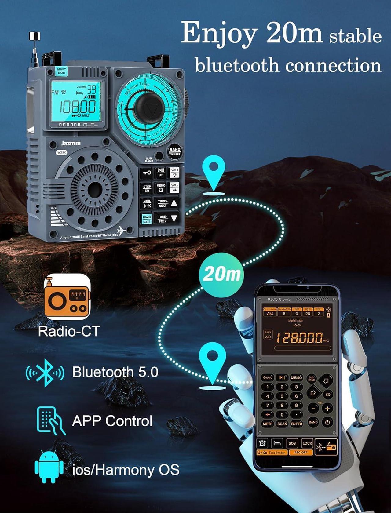 Alt view image 5 of 7 - Portable Shortwave Radio with 5W Bass Sound, AIR/AM/FM/VHF/SW/WB Worldband Radio with Bluetooth and APP Control, 2000mAh Rechargeable Radio with 9.85 Ft Wire Antenna,Flashlight,Recording