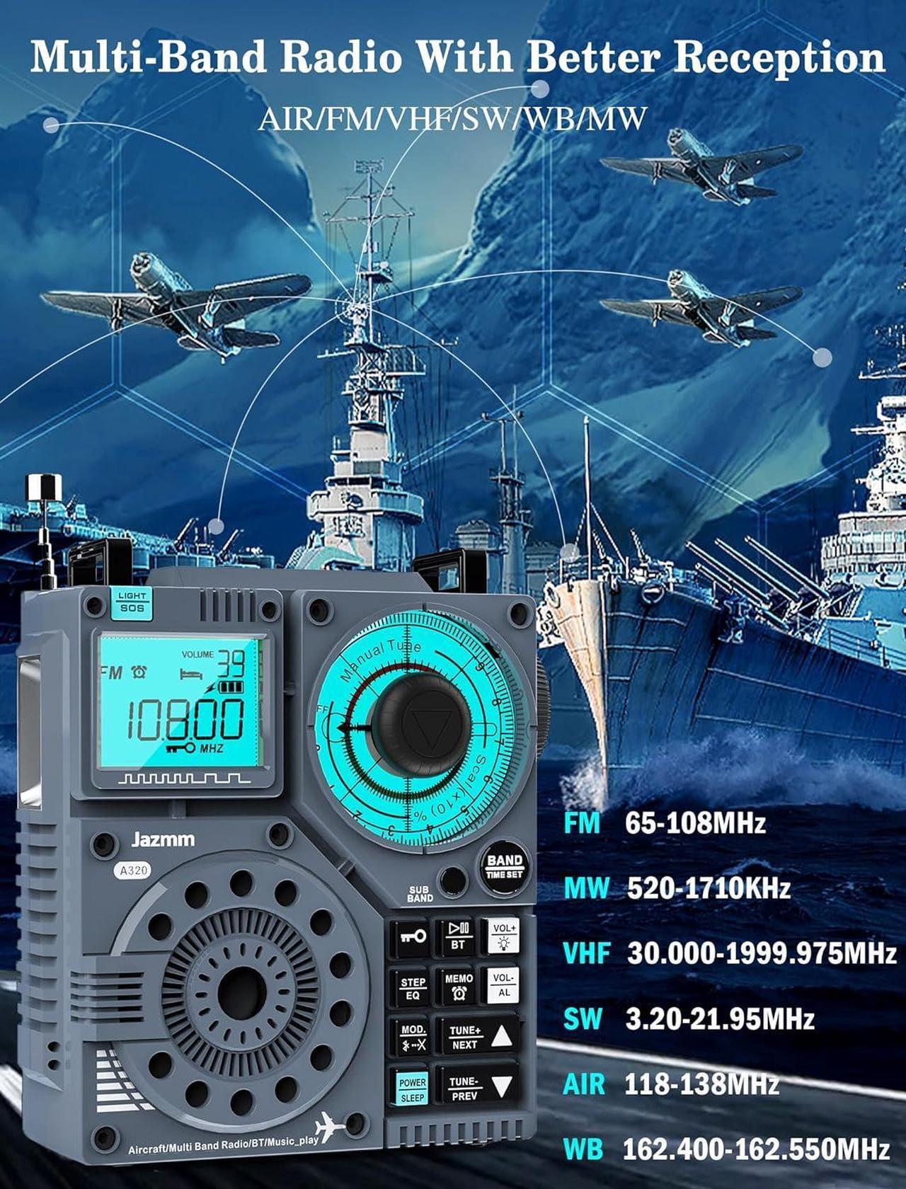 Alt view image 3 of 7 - Portable Shortwave Radio with 5W Bass Sound, AIR/AM/FM/VHF/SW/WB Worldband Radio with Bluetooth and APP Control, 2000mAh Rechargeable Radio with 9.85 Ft Wire Antenna,Flashlight,Recording