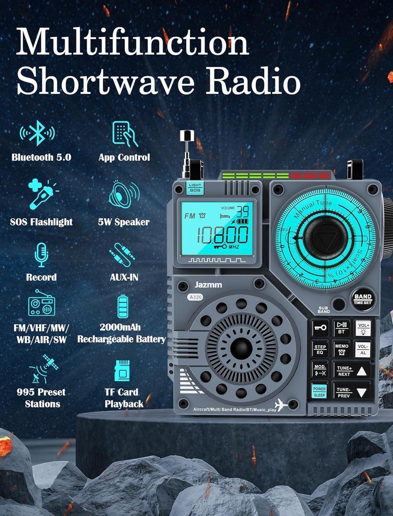 Alt view image 2 of 7 - Portable Shortwave Radio with 5W Bass Sound, AIR/AM/FM/VHF/SW/WB Worldband Radio with Bluetooth and APP Control, 2000mAh Rechargeable Radio with 9.85 Ft Wire Antenna,Flashlight,Recording
