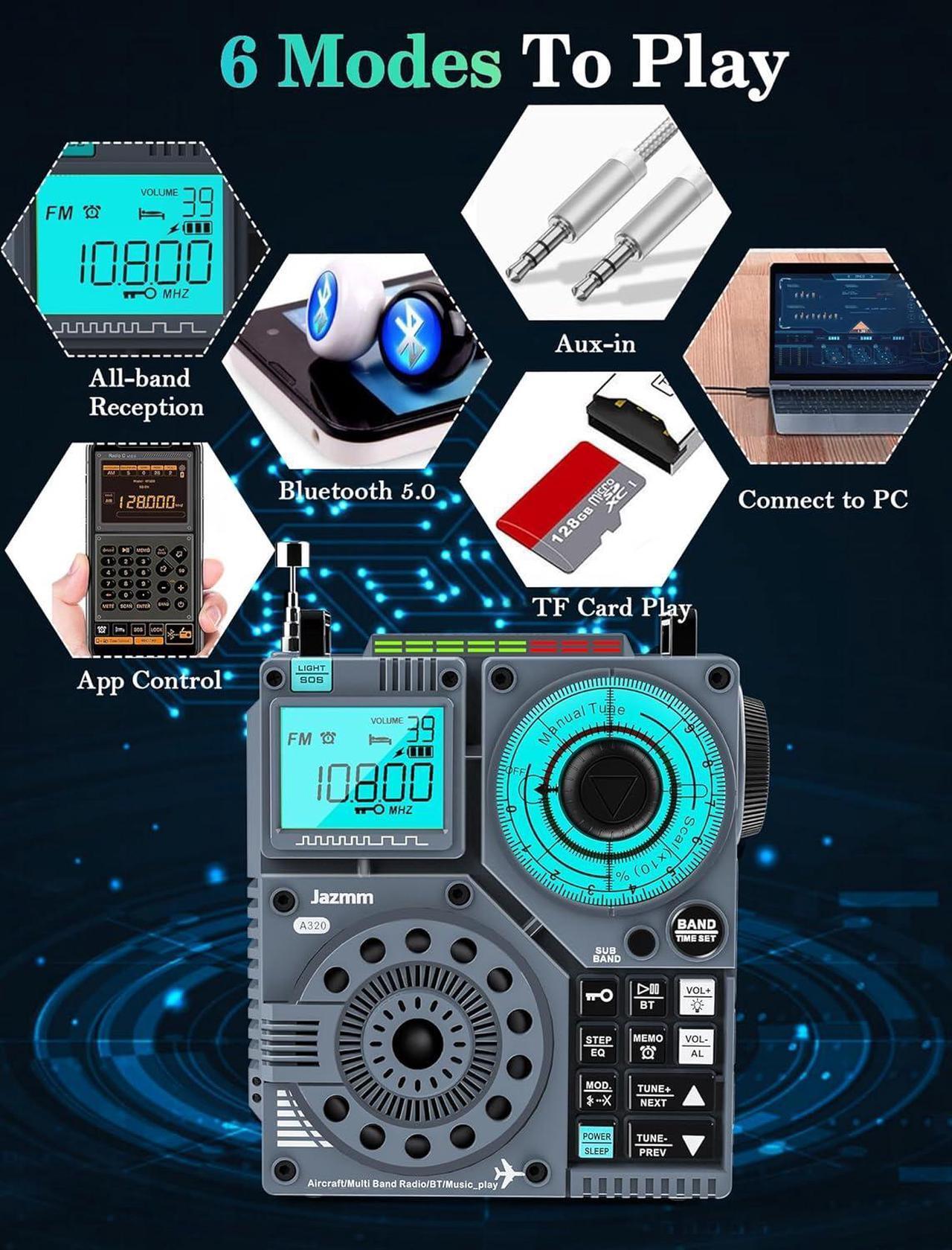 Alt view image 7 of 7 - Portable Shortwave Radio with 5W Bass Sound, AIR/AM/FM/VHF/SW/WB Worldband Radio with Bluetooth and APP Control, 2000mAh Rechargeable Radio with 9.85 Ft Wire Antenna,Flashlight,Recording