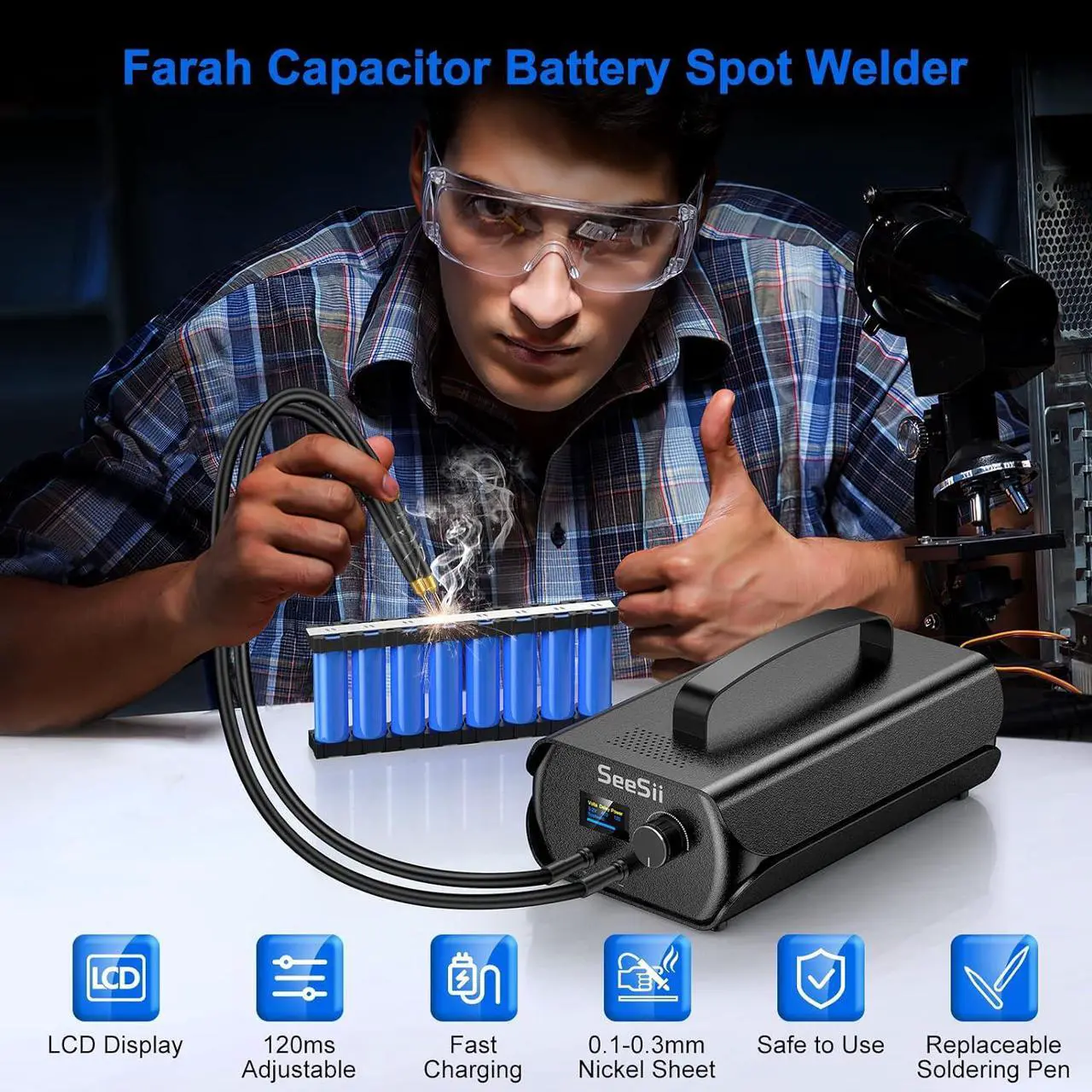 Alt view image 2 of 7 - Spot Welder, Seesii Farad Capacitor Battery Spot Welder 3000F 120 Gears Adjustable Capacitor Energy Storage Portable Spot Welder, Support 0.1-0.3mm Nickel Strip Spot Welding for Battery Pack Making