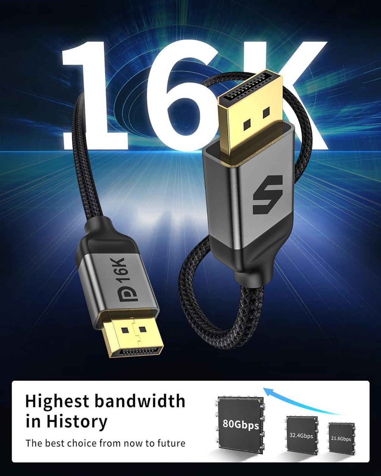 Alt view image 3 of 6 - DisplayPort 2.1 Cable 15FT, DP 2.0 Cable [16K@60Hz, 10K@60Hz, 8K@120Hz, 4K@240Hz 165Hz 144Hz] 80Gbps HDR, HDCP DSC 1.2a, Video Display Port 2.1 Cord Compatible FreeSync G-Sync Gaming Monitor
