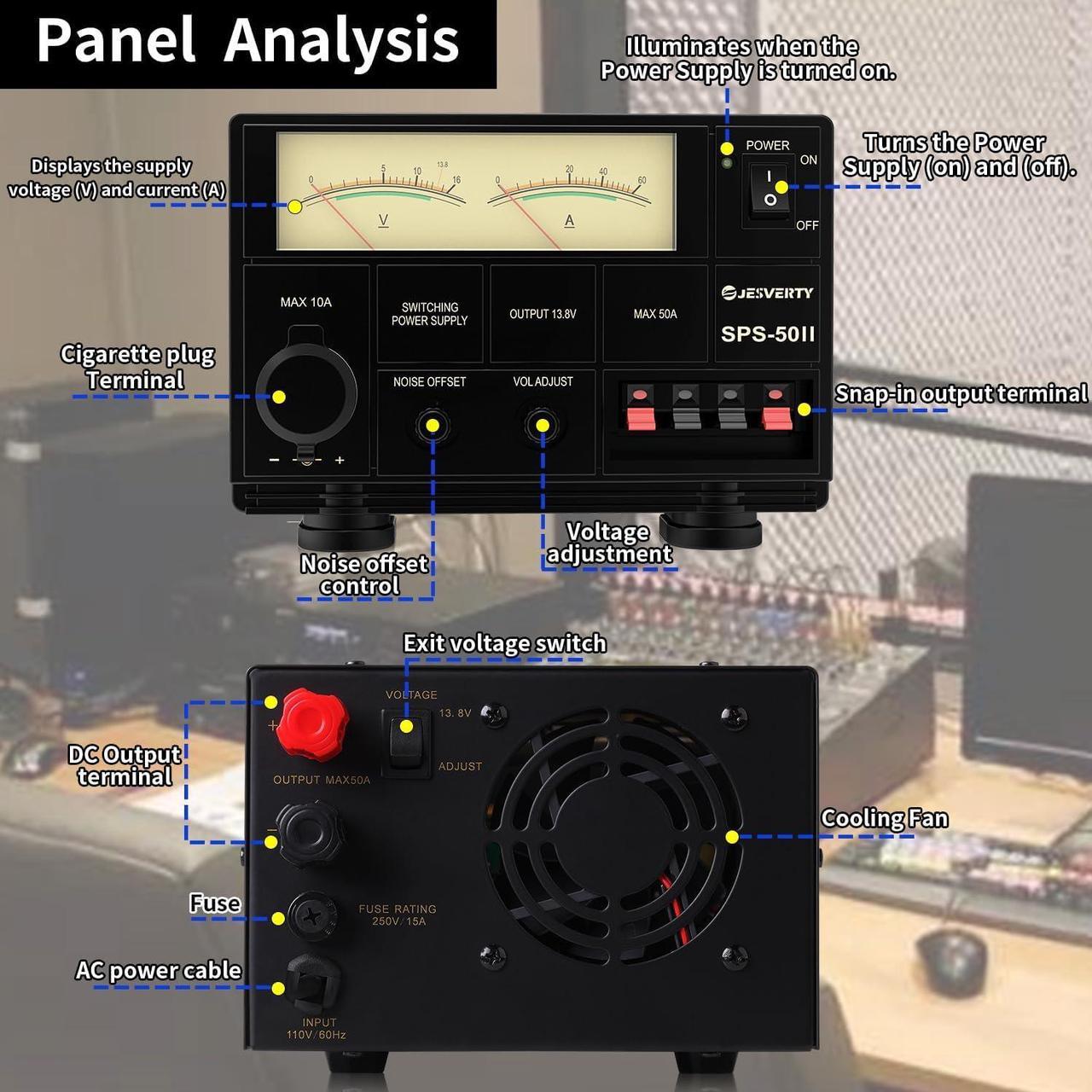 Alt view image 2 of 5 - Universal Compact Bench Power Supply- 50 Amp Regulated Home Lab Benchtop AC-to-DC Converter 13.8 Volt/9-15Volt, Cooling Fan, Screw Type Terminals - Jesverty SPS-50II